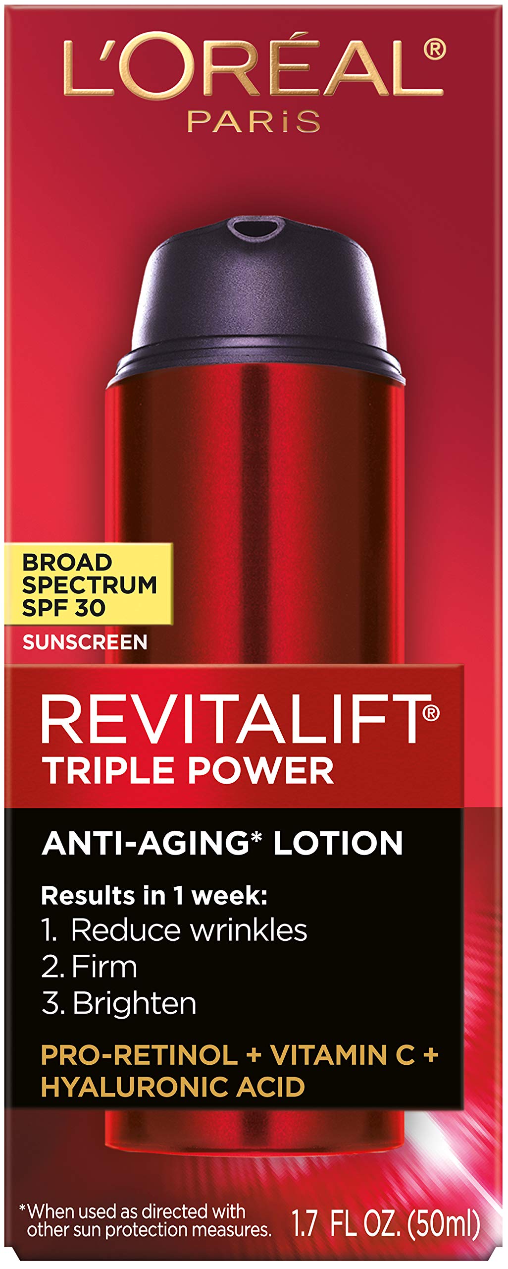 L'Oreal Paris Revitalift Triple Power Anti-Aging Broad Spectrum SPF 30 Sunscreen, Pro Retinol, Hyaluronic Acid & Vitamin C Lotion, Reduces Wrinkles Beauty & Personal Care L'Oreal Paris