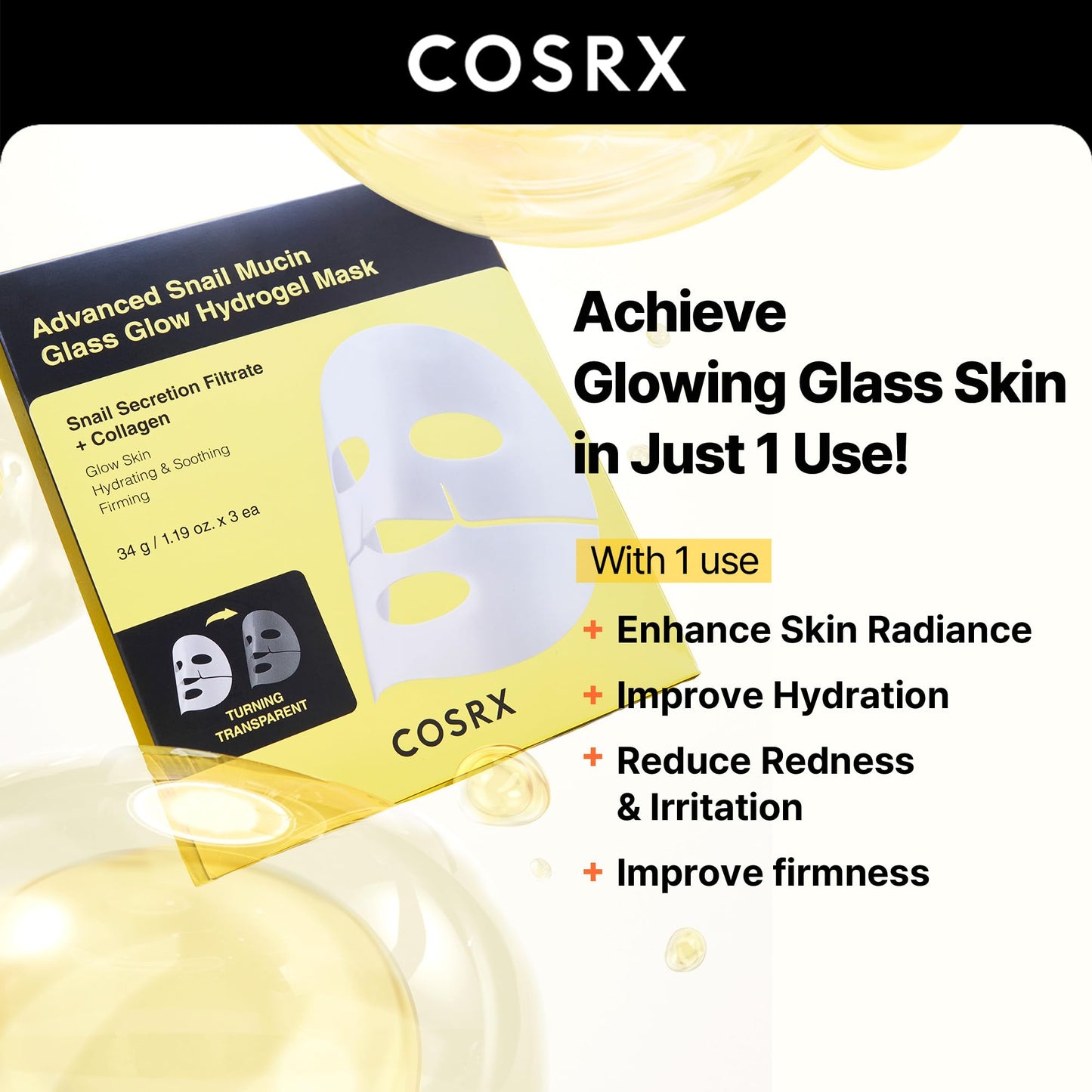COSRX Advanced Snail Mucin Glass Glow Hydrogel Face Masks Skincare 3 EA, Collagen Face Mask, Travel Essentials, Overnight Face Mask, Korean Skin Care Beauty and Personal Care COSRX