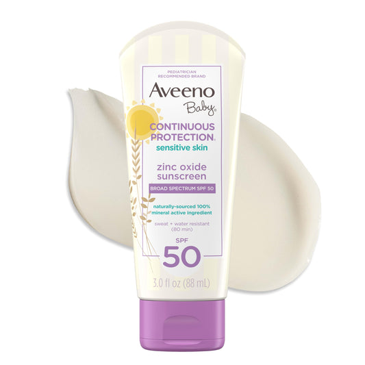Aveeno Baby Continuous Protection Zinc Oxide SPF 50 Sunscreen for Babies with Sensitive Skin, Broad Spectrum Sun Protection, Tear-Free, Sweat Beauty & Personal Care Aveeno Baby