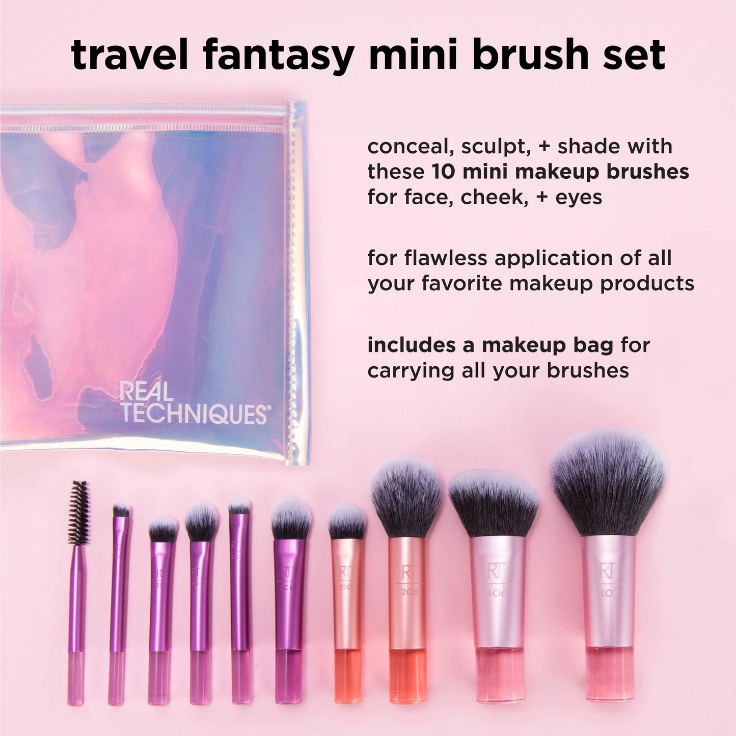 Real Techniques 11 Piece Travel Fantasy Mini Brush Set, Travel Size Makeup Brushes For Foundation Eyeshadow, Powder, Blush, Contour, & Concealer Beauty & Personal Care Real Techniques