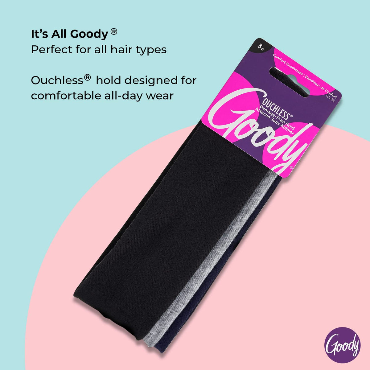 Goody Ouchless Comfort Head Wraps - 3 Ct, Black/Grey/Navy Blue, Soft & Stretchy Fabric Headbands for Women & Men, Secure Hold Yoga, Workout Headband,