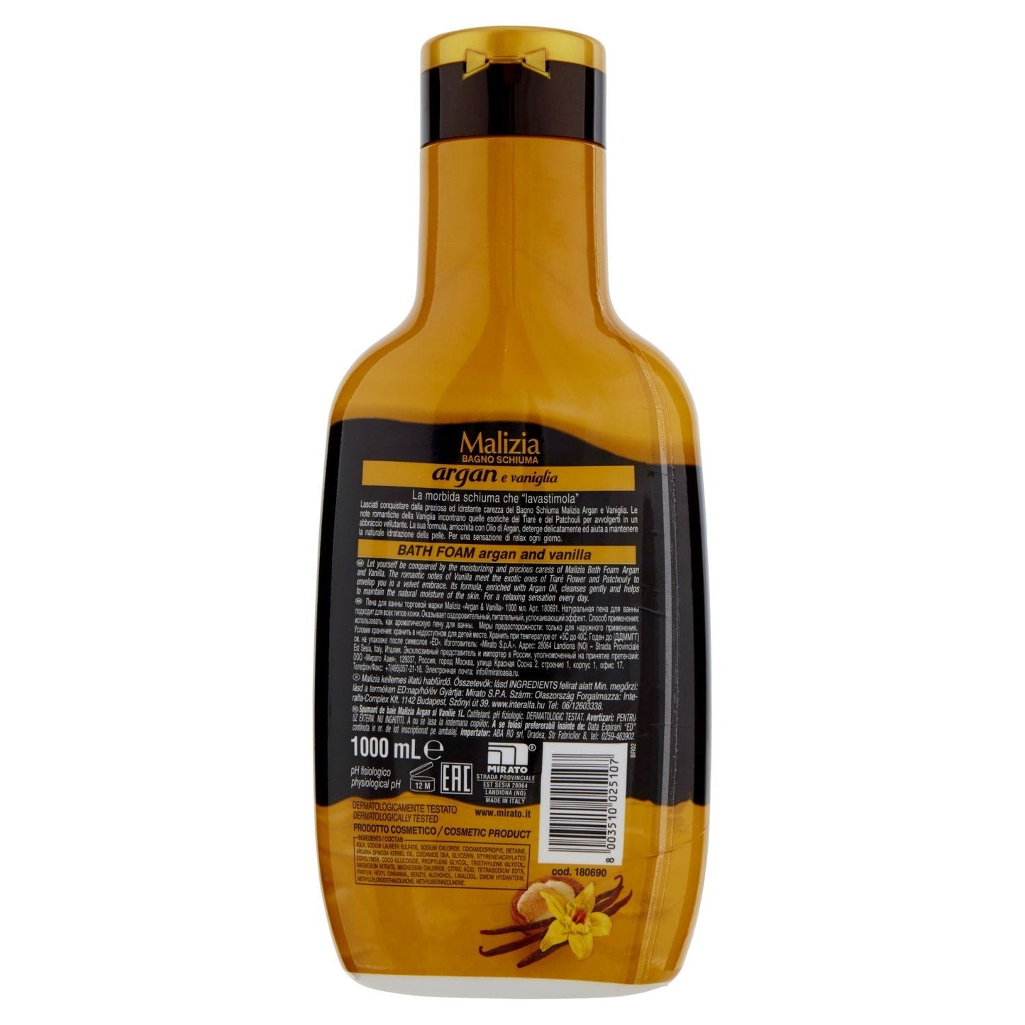Malizia: Velvety Bath Foam, Argan and Vanilla Scent 33.8 Fluid Ounce (1000mL) Bottle [ Italian Import ] Beauty and Personal Care Malizia