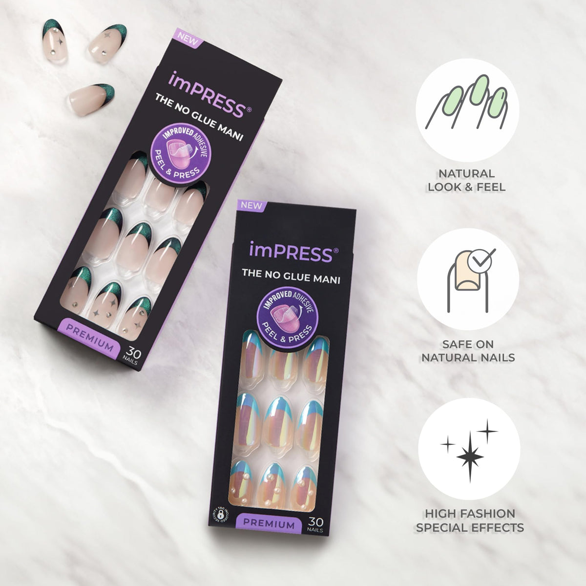 KISS imPRESS Press-On Manicure Premium Collection Fake Nails - All My Love, Pink, Aurora, Medium & Almond Shape, Easy To Apply, Super Hold, Chip