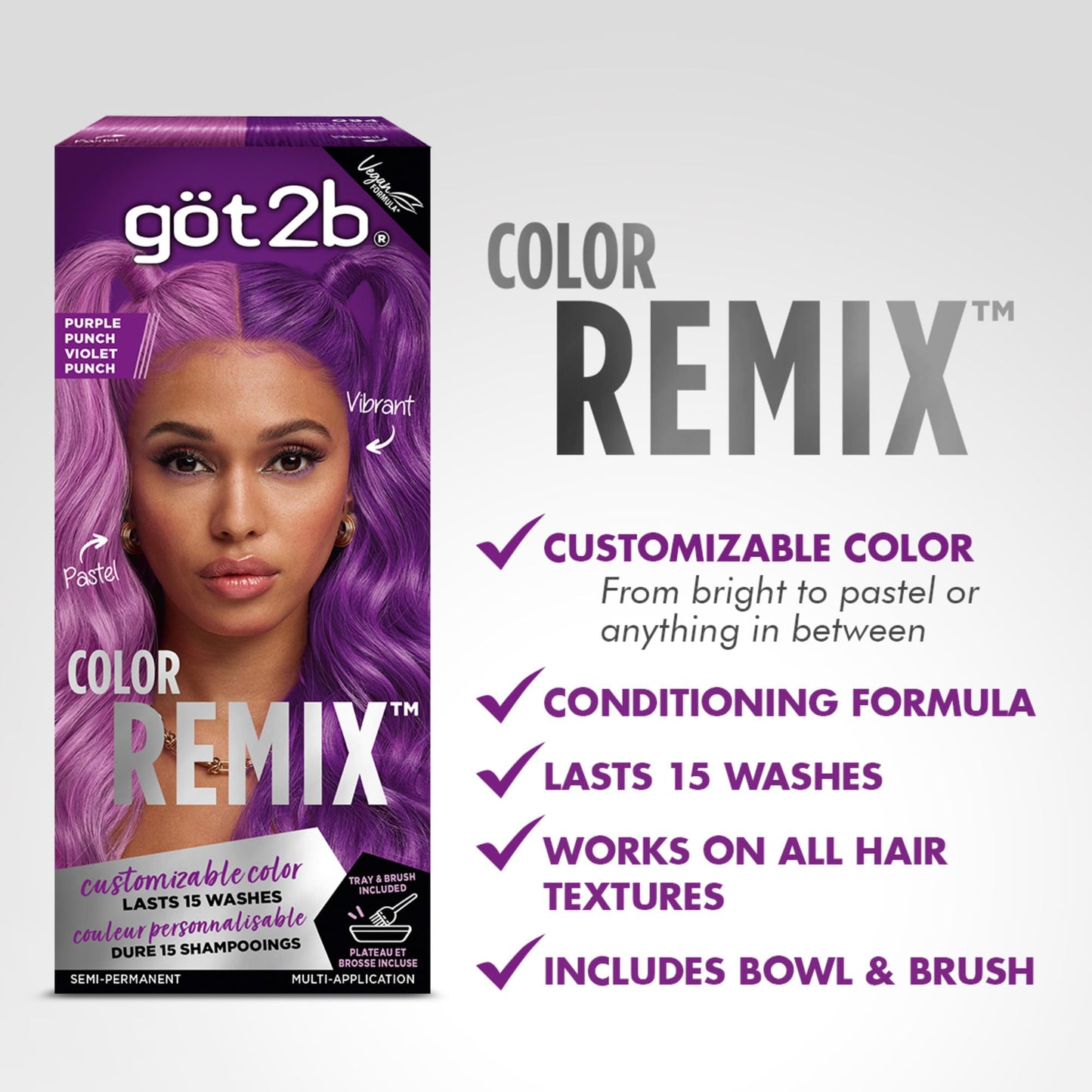 got2b Color Remix Semi-Permanent Hair Color, Purple Punch 094, Customizable Temporary Hair Dye to Create A Vibrant or Pastel Shade, Easy At-Home Beauty & Personal Care Got2B