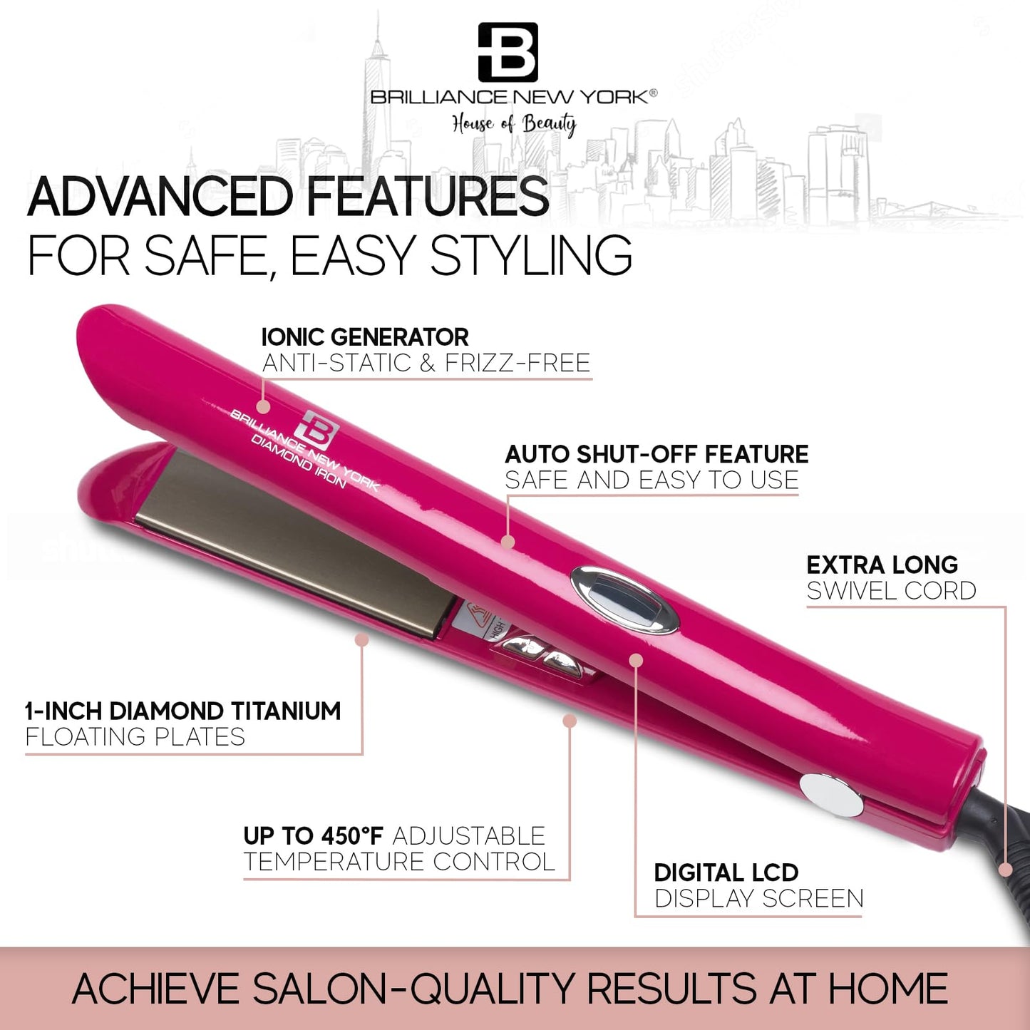 Brilliance New York - 1 Inch Diamond Titanium Flat Iron - 2 in 1 Hair Straightener and Curler - Anti-Static, Frizz-Free Ionic Plates - Auto Shut-Off Beauty & Personal Care Brilliance New York