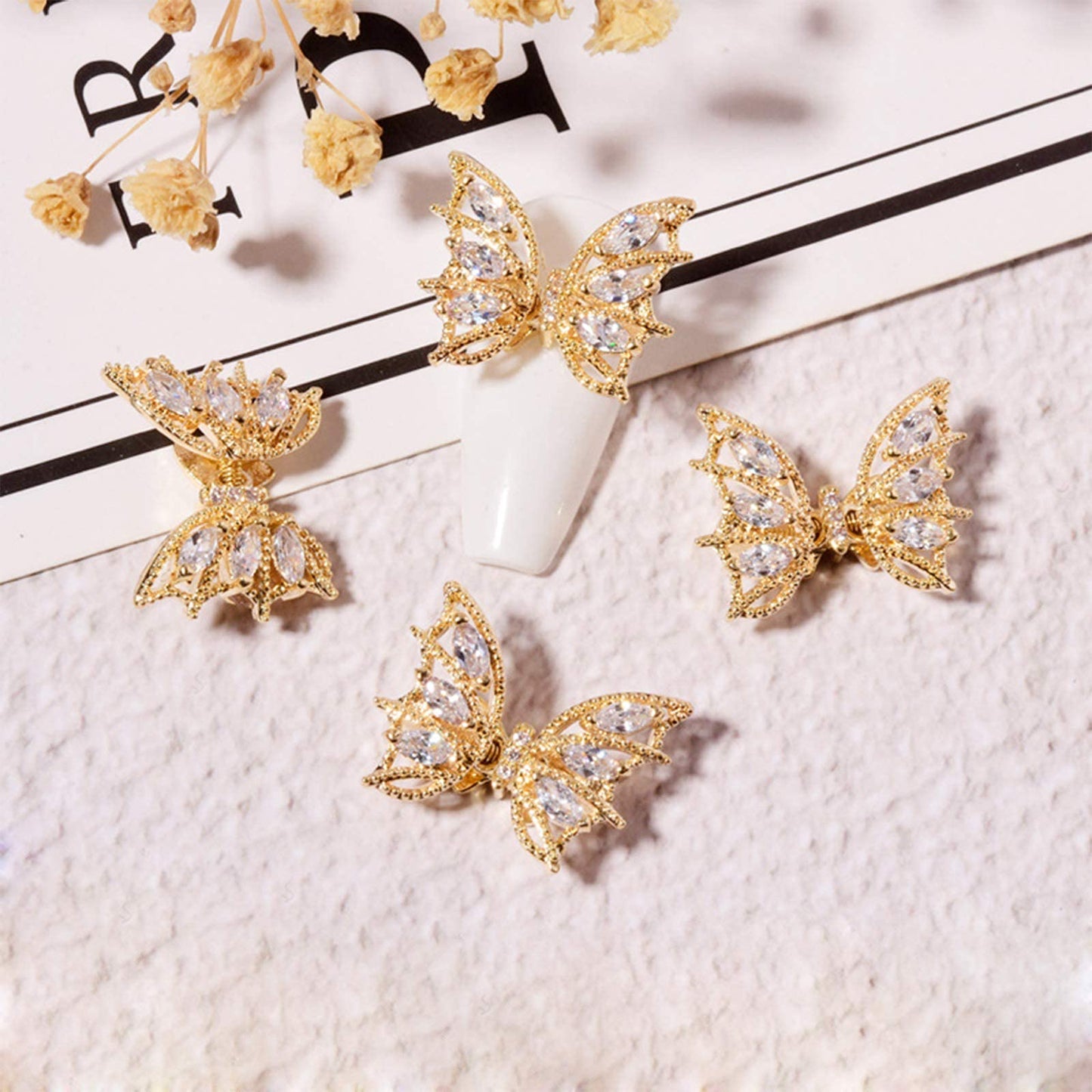 Tinsow 4 Pcs Nail Diamond Metal Nail Art Butterfly Jewelry Crystal Strass Moving Wings Butterfly Nail Diamond Stones Wedding Charms Accessories (Gold) Beauty & Personal Care Tinsow