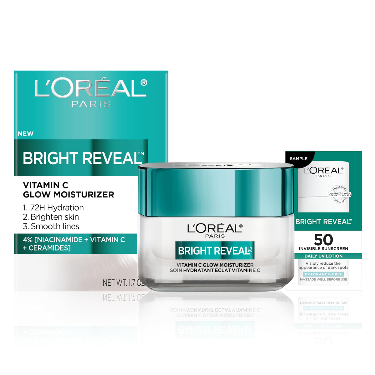 L'Oreal Paris Bright Reveal Vitamin C Glow Moisturizer, Supercharged Facial Moisturizer to Brighten Skin, Even Tone and Hydrate for 72HRs, Includes