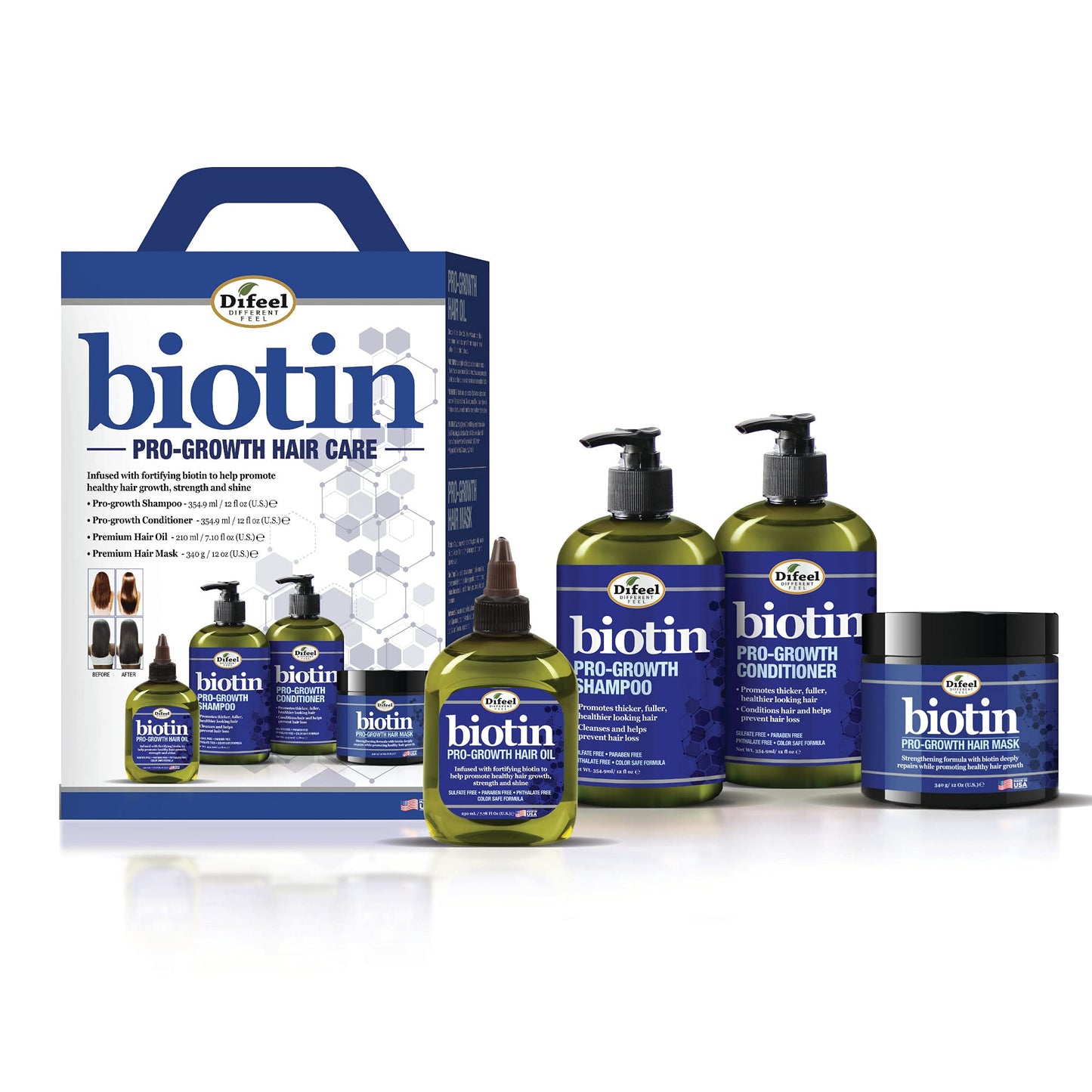 Difeel Biotin Pro-Growth 4-PC Hair Care Gift Set - Shampoo (12oz), Conditioner (12oz), Hair Oil (7oz), and Hair Mask (12oz) Beauty & Personal Care Difeel