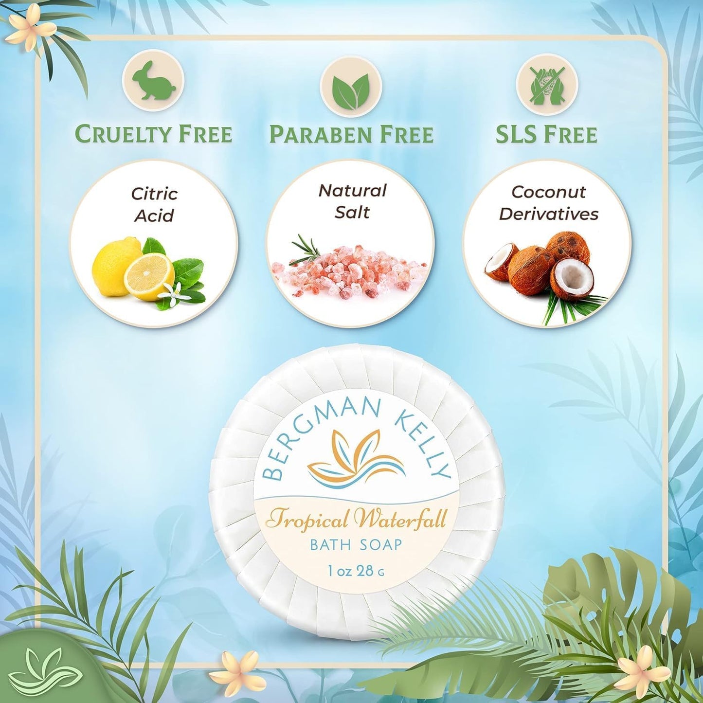 BERGMAN KELLY - Hotel Soap Bars in Bulk - Tropical Waterfall, 1 oz, 100 PK - Small Individually Wrapped Round Soap - Travel Size Mini Toiletries Beauty & Personal Care BERGMAN KELLY