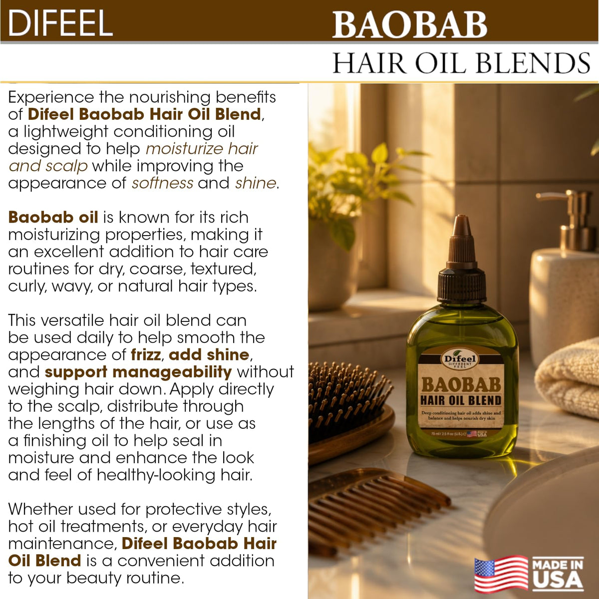 Difeel Baobab Hair Oil Blend - Travel Size 2.5 oz. - Lightweight Conditioning Treatment for Dry Hair & Scalp, Moisturizing Formula for Shine, Softness