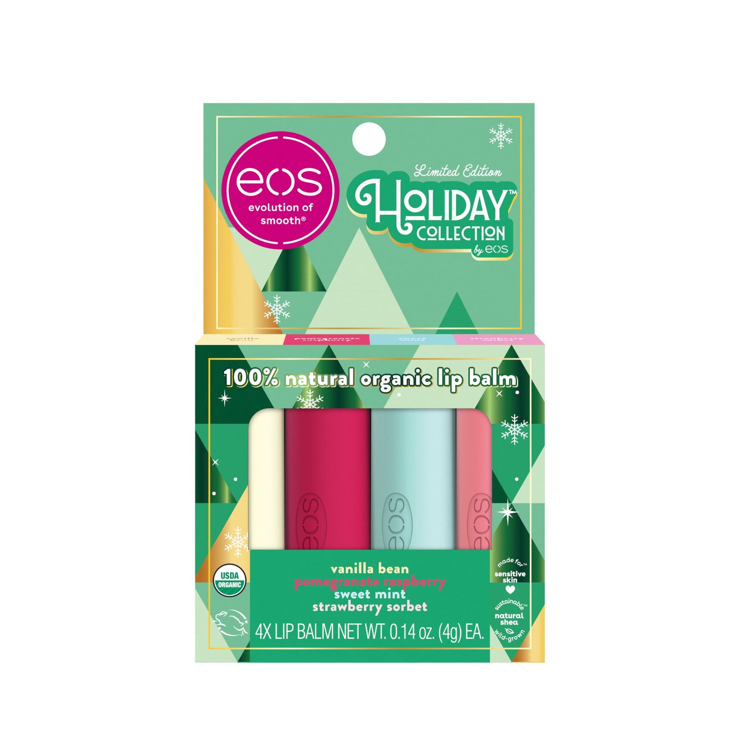 EOS Limited Edition Holiday Lip Balm, Raspberry Cloud & Blackberry Bellini, All-Day Moisture, Made for Sensitive Skin, 0.14 oz, 4-Pack, Clear Beauty & Personal Care eos