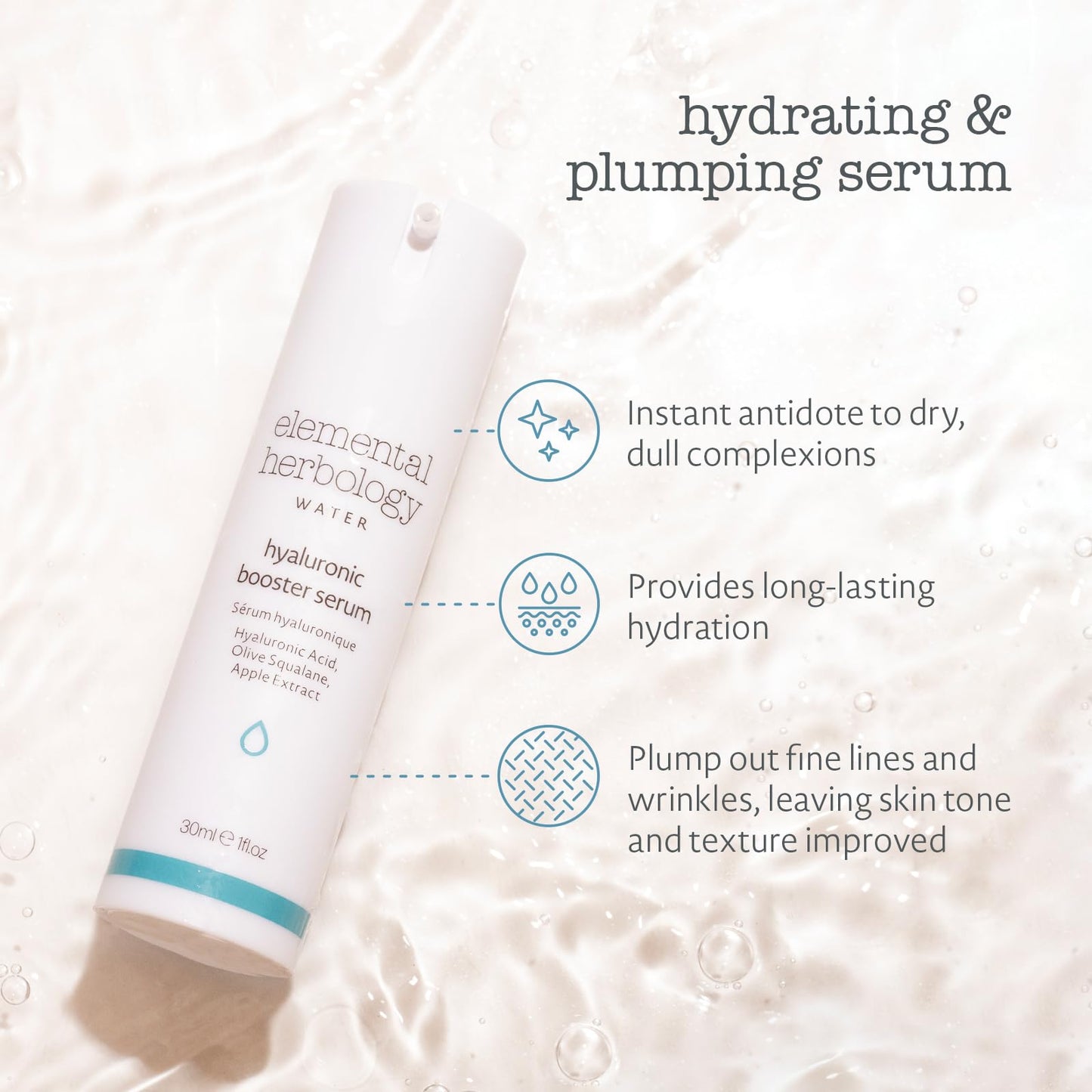 Elemental Herbology Hyaluronic Booster Serum 1.0 fl oz- Intense Hydration Serum with Hyaluronic Acid, Olive Squalane & Apple Extract - Plumps Fine Beauty & Personal Care Elemental Herbology