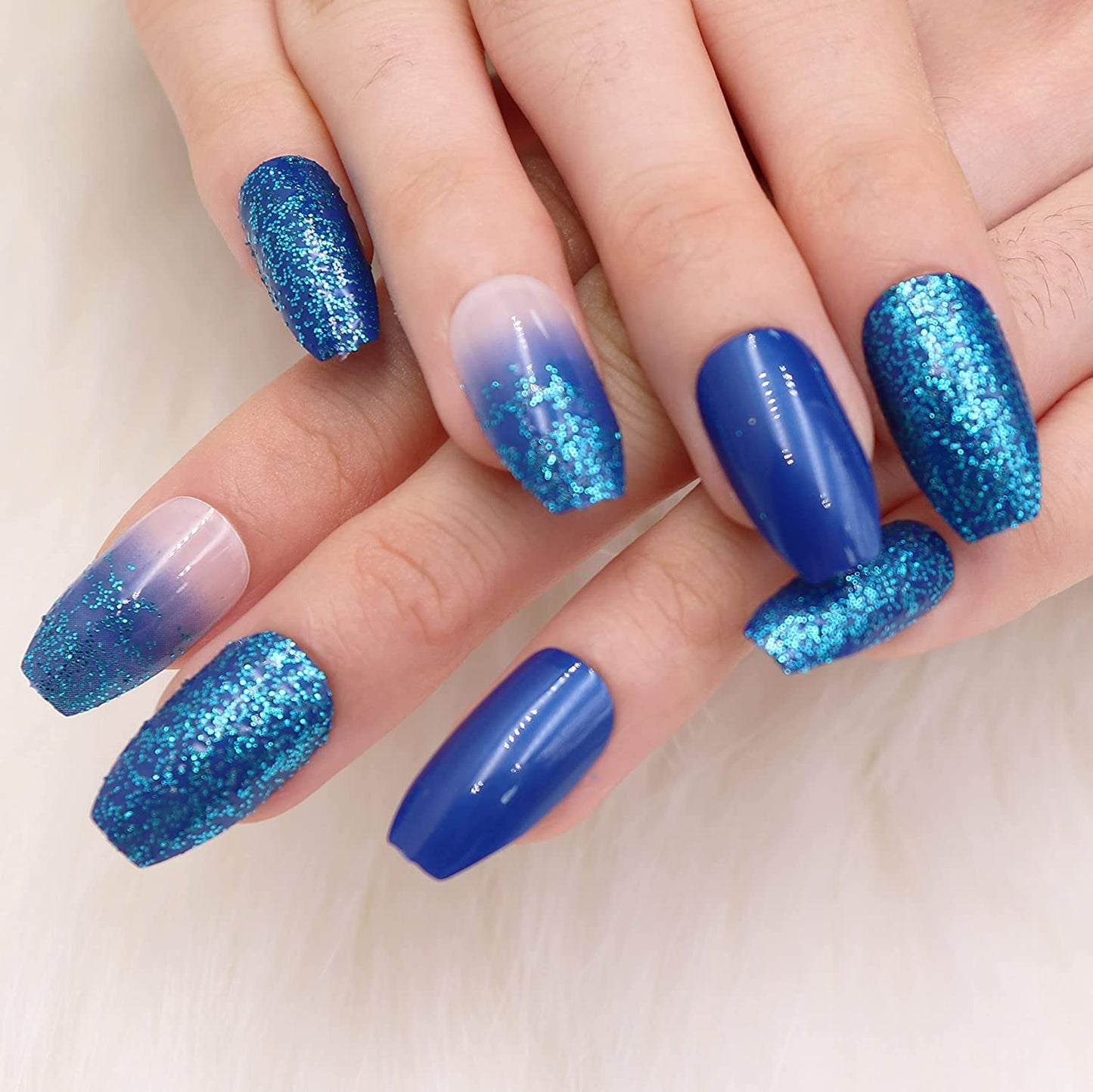 MISUD Press on Nails - Medium Coffin Glue on Nails with Blue Ombre, Acrylic Bling Glitter Design 24 pcs Beauty & Personal Care MISUD