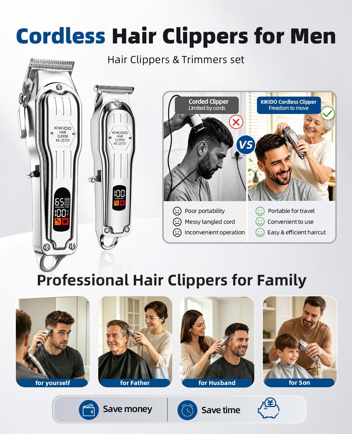KIKIDO Cordless Hair Clippers for Men Professional Home Hair Cutting Kit