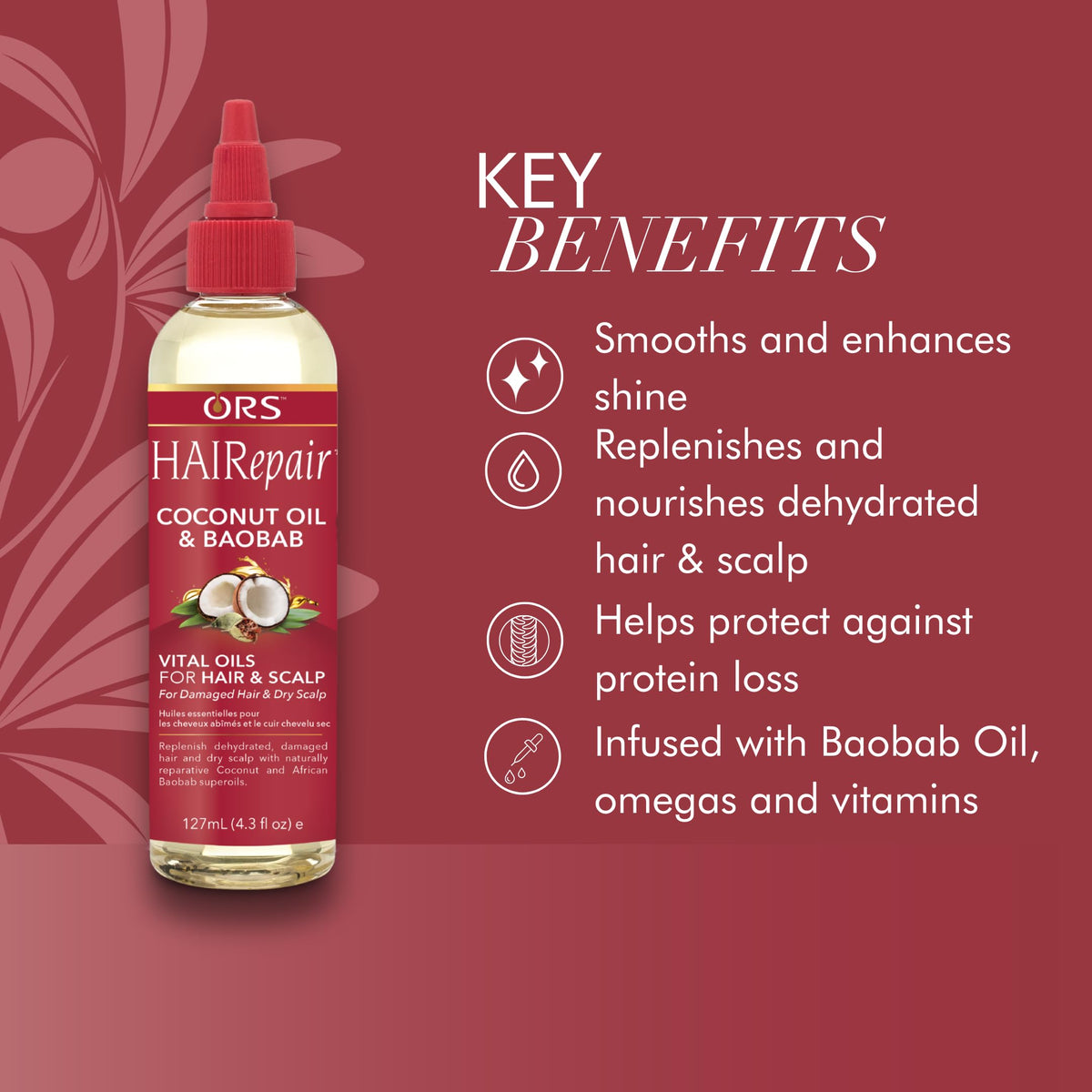ORS HAIRepair Coconut Oil and Baobab Vital Oils, Lightweight Fast Absorbing Hair Oil, (4.3 oz)