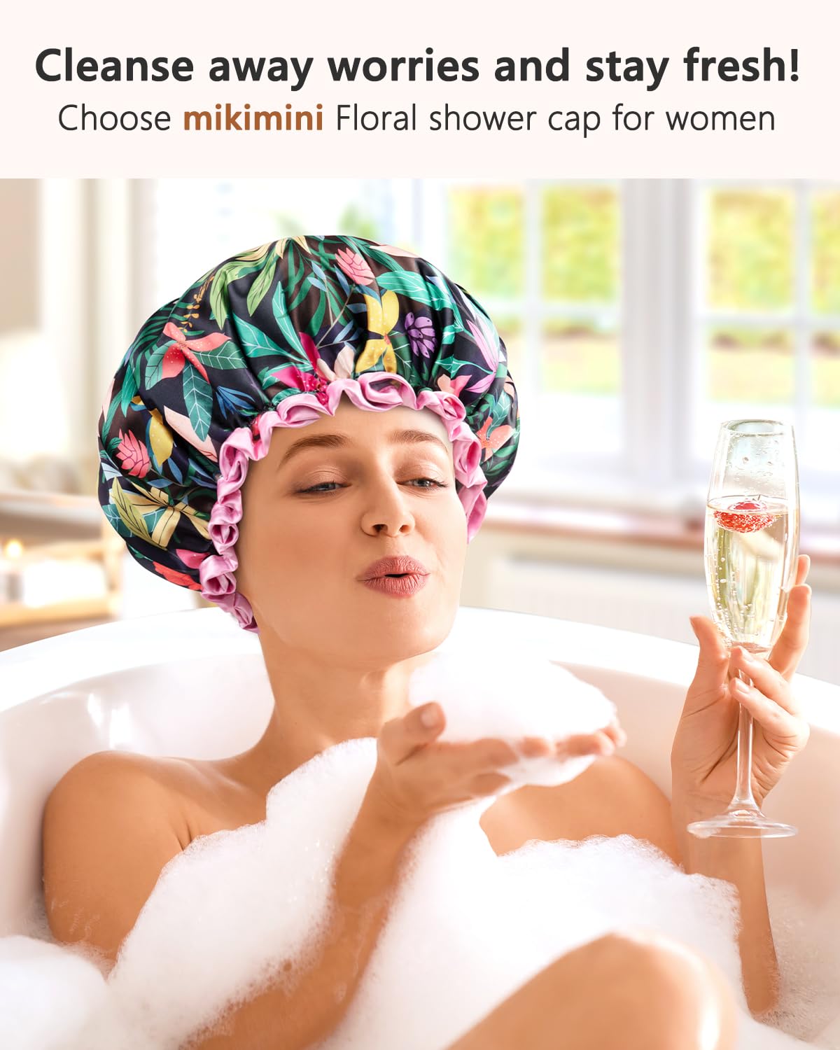 mikimini Shower Cap for Women and Grils,Pack of 2,Rainforest Bath Shower Caps with Pink Lace,Reusable Waterproof Shower Hat for Girls (Medium,Floral) Beauty & Personal Care mikimini