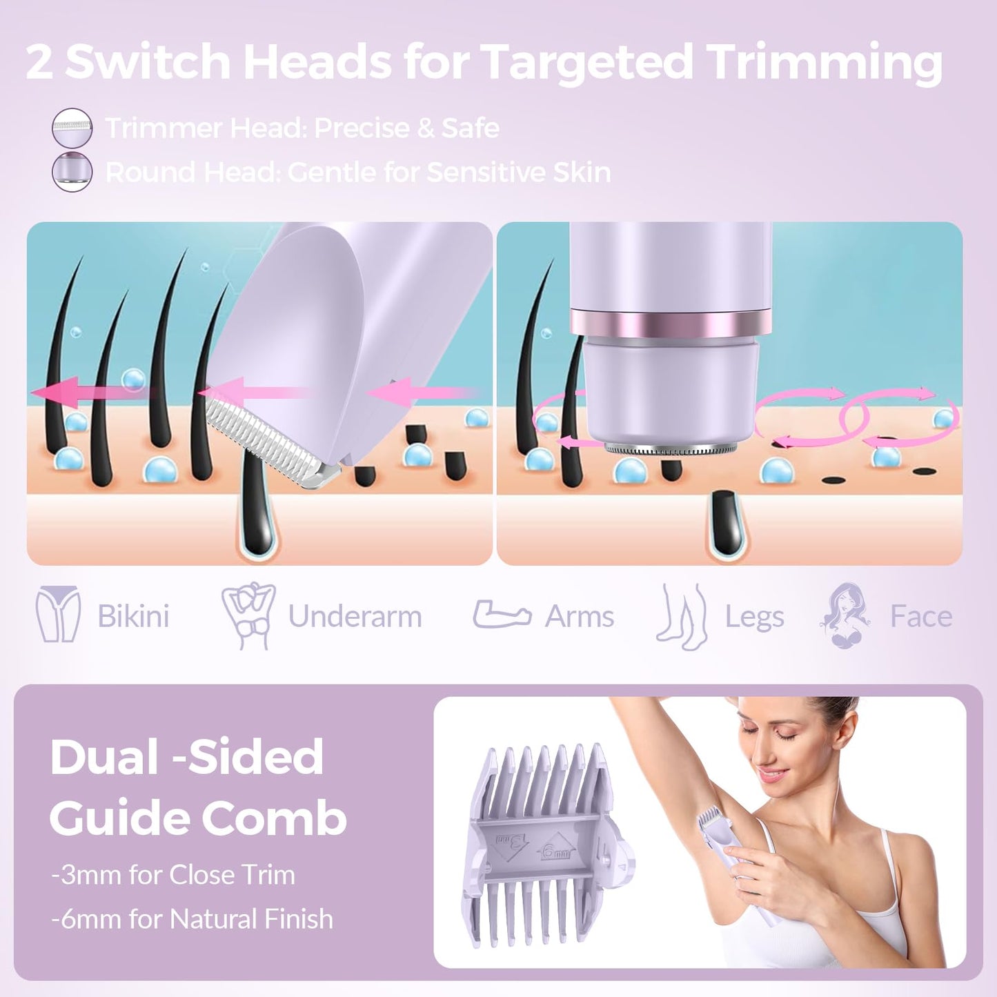 Bikini Trimmer for Women - 2-in-1 Electric Razor with Dual Heads, Ceramic Blades, Wet & Dry Use, USB Rechargeable, Skin-Friendly Shaver for Bikini Beauty and Personal Care VIOBELA