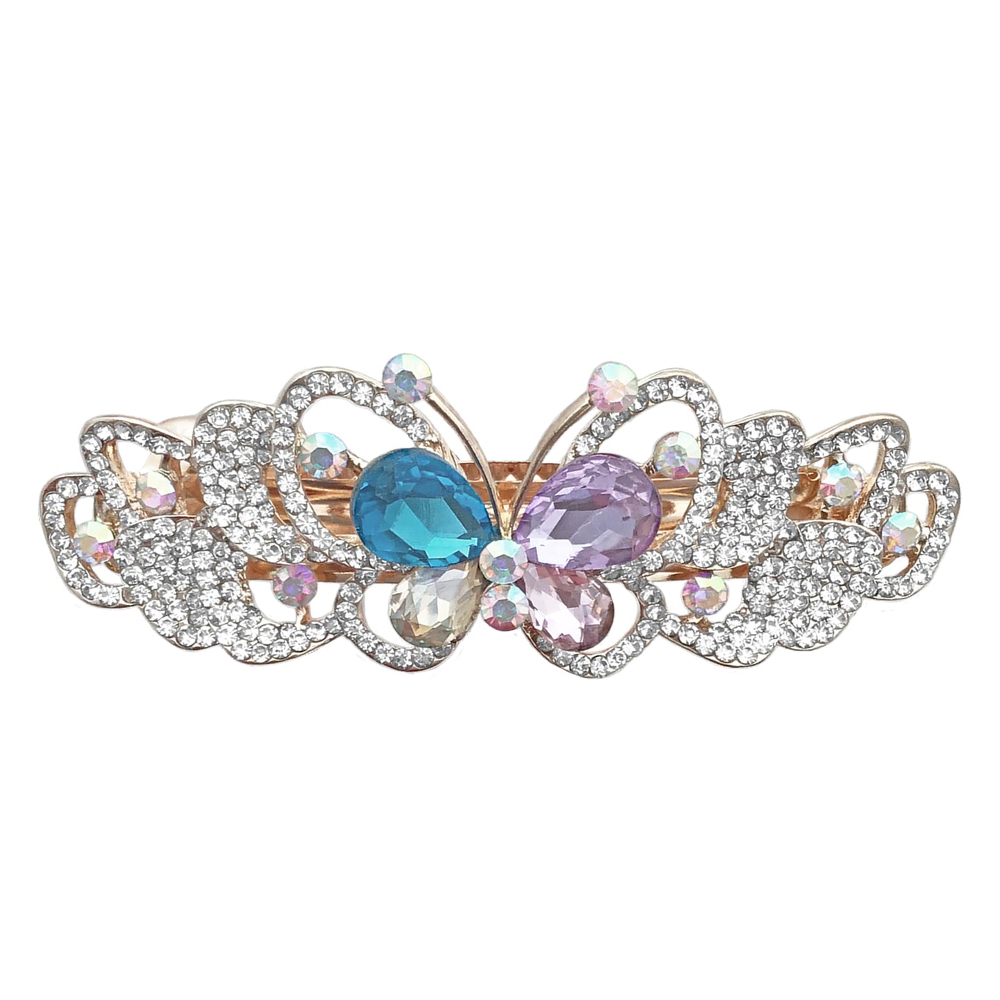 Rhinestone Crystal Barrettes - Set of 2 - Jeweled Butterfly Hair Clips - 1 with Blue Crystals and 1 with Mulit-Colored Crystals - Rose Gold Tone Metal Beauty & Personal Care BANBERRY DESIGNS