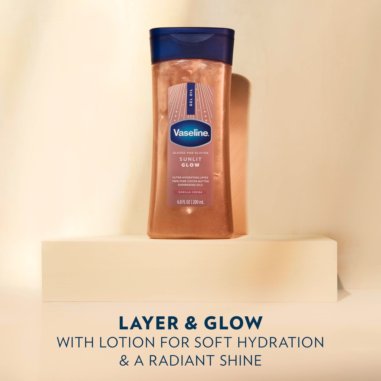 Vaseline Glazed and Glisten Sunlit Glow Body Gel Oil Vanilla Cocoa Shimmering with Ultra-Hydrating Lipids and 100% Pure Cocoa Butter, 6.8 Oz Beauty & Personal Care Vaseline