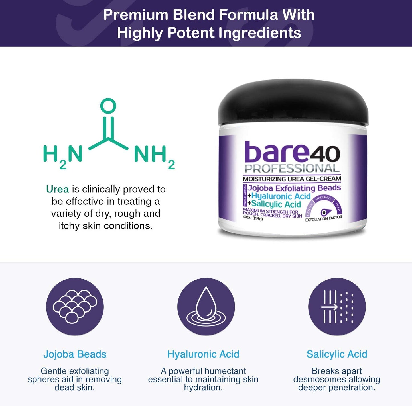 BARE 40 PRO 40% Urea Gel with 2% Salicylic Acid, Hyaluronic Acid, Tea Tree Oil & Aloe Vera - Exfoliating & Hydrating Foot and Body Gel for Dry, Rough Beauty & Personal Care Scientific Solutions Global