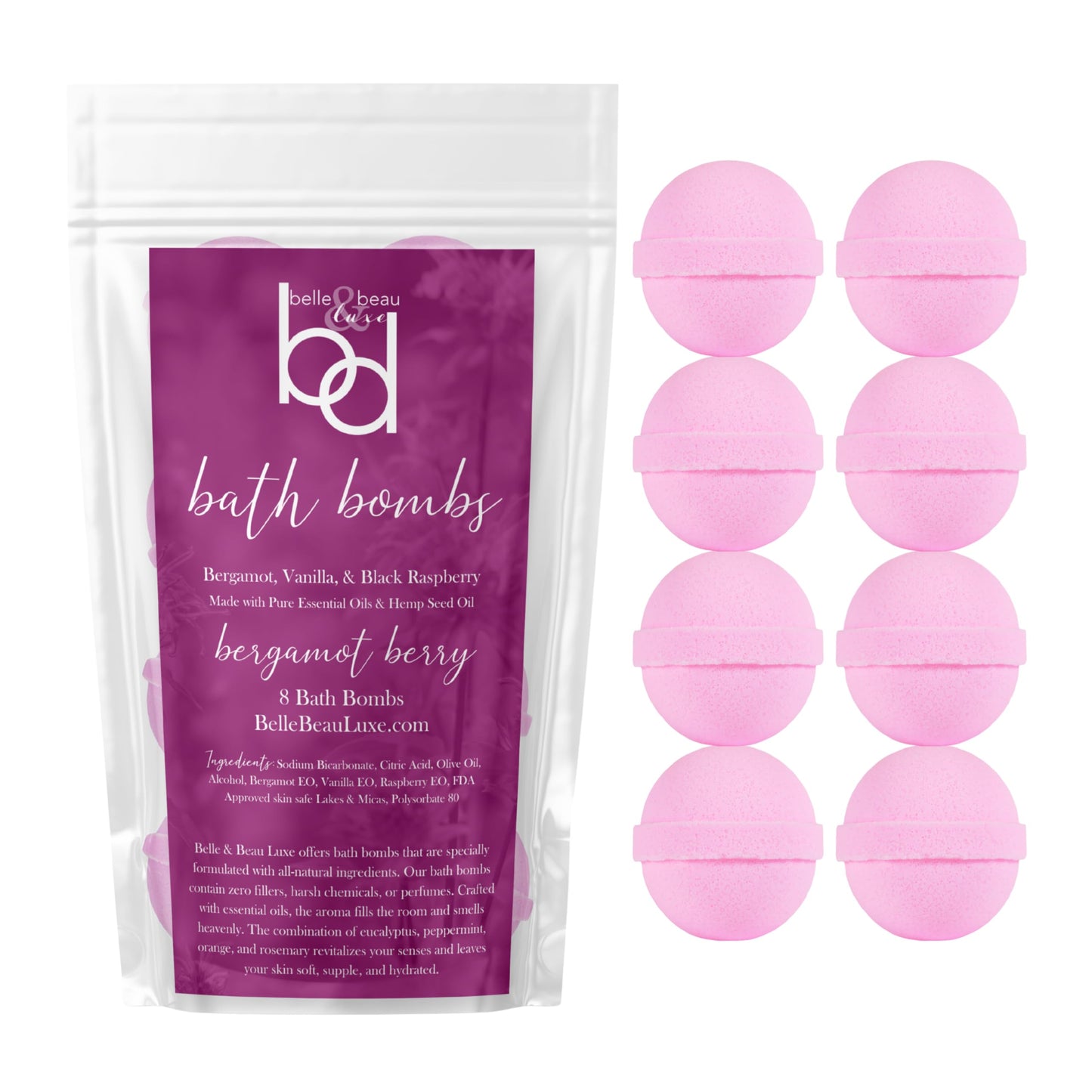 Belle & Beau Luxe Bergamot Berry Hemp Bath Bombs - Made with Organic Hemp Seed Oil and Bergamot, Vanilla, & Black Raspberry Essential Oils - 8 Count Beauty and Personal Care BB BELLE & BEAU LUXE