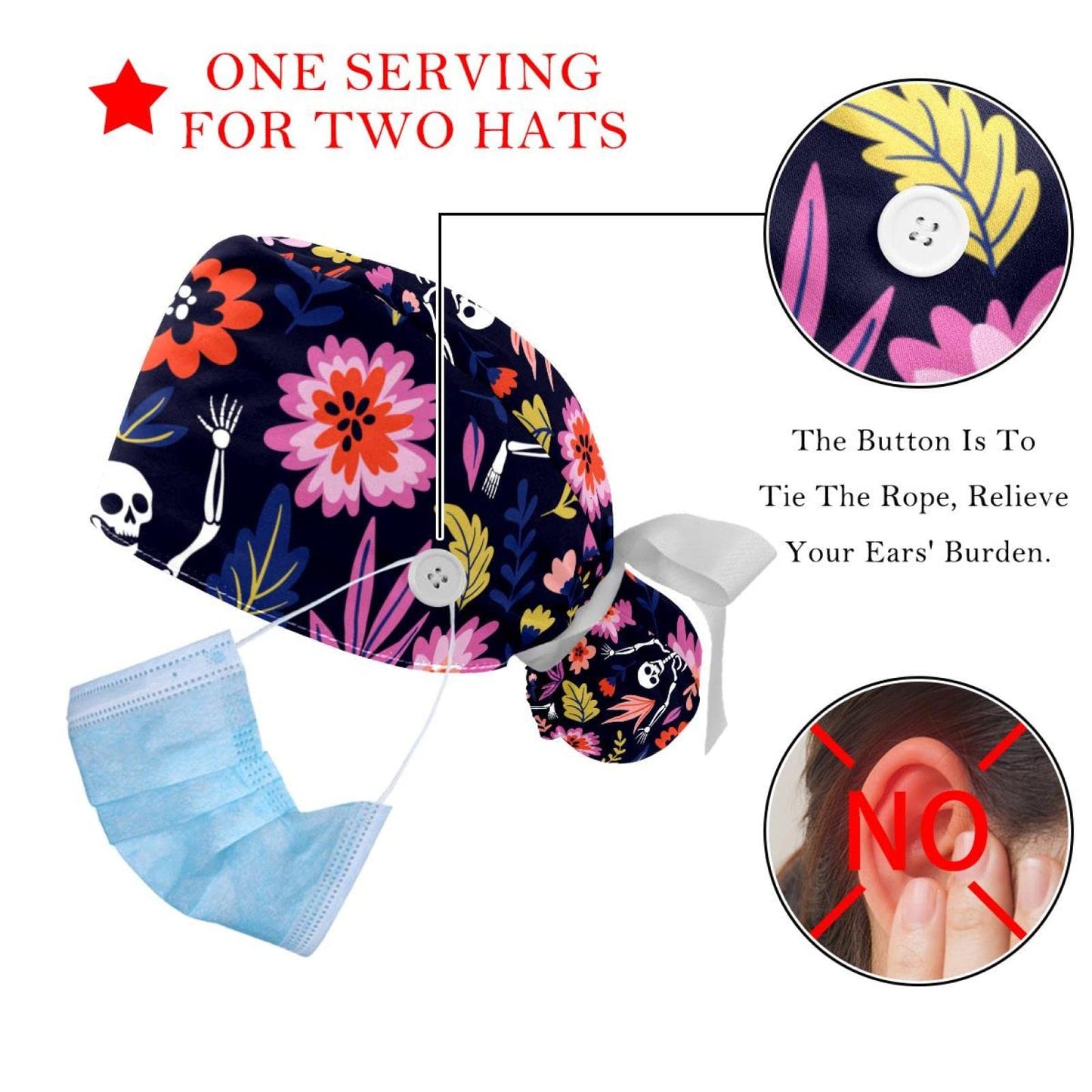 Adjustable Scrub Bouffant Caps, 2 Packs Skeleton Flower Working Hat Hair Cover with Ponytail Pouch, Soft Surgical Nurse Cap Beauty and Personal Care DEYYA