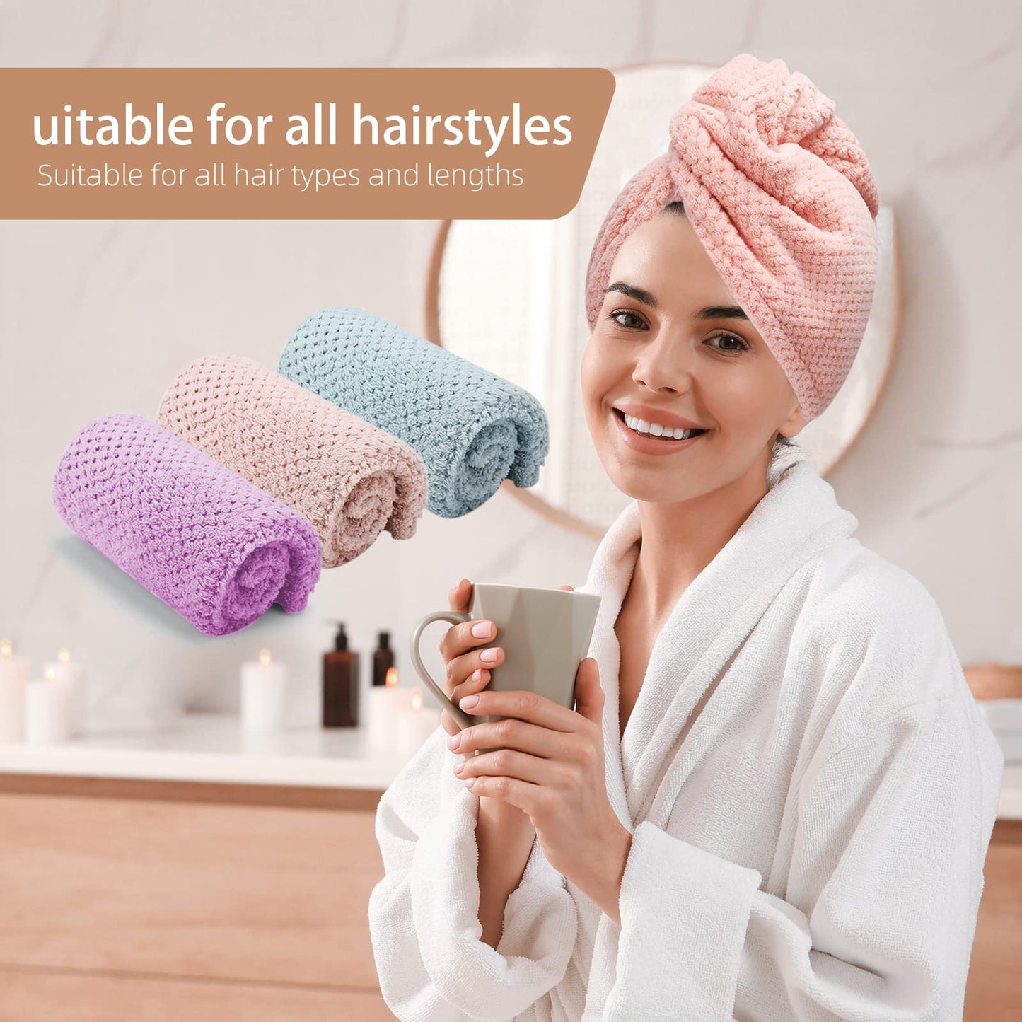 CZZXI 3 PCS Microfiber Hair Towel, Hair Wraps for Women Wet Hair, Fast Drying Hair Turban, Anti Frizz Head Towels Wrap for Curly Hair (Purple, Pink Beauty and Personal Care CZZXI