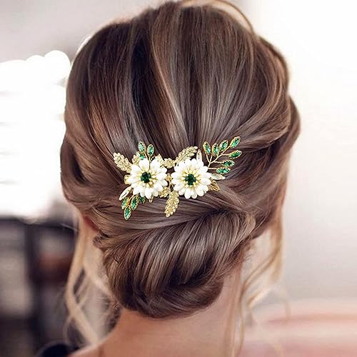 BETITETO Green Bridal Hair Clip White Enamel Flower Gold Leaf Crystal Wedding Hair Vine Piece Accessories for Women Girls (Green) Beauty & Personal Care BETITETO