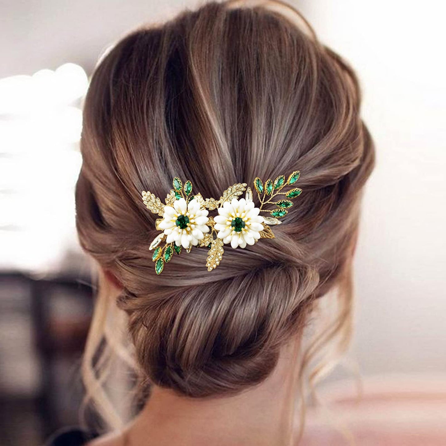 BETITETO Green Bridal Hair Clip White Enamel Flower Gold Leaf Crystal Wedding Hair Vine Piece Accessories for Women Girls (Green) Beauty & Personal Care BETITETO