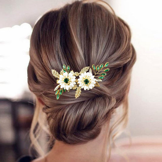 BETITETO Green Bridal Hair Clip White Enamel Flower Gold Leaf Crystal Wedding Hair Vine Piece Accessories for Women Girls (Green) Beauty & Personal Care BETITETO