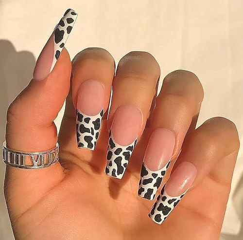 MISUD Press on Nails - Long Coffin Fake Nails with Cow Print, Acrylic French Tip Design 24 pcs Beauty & Personal Care MISUD