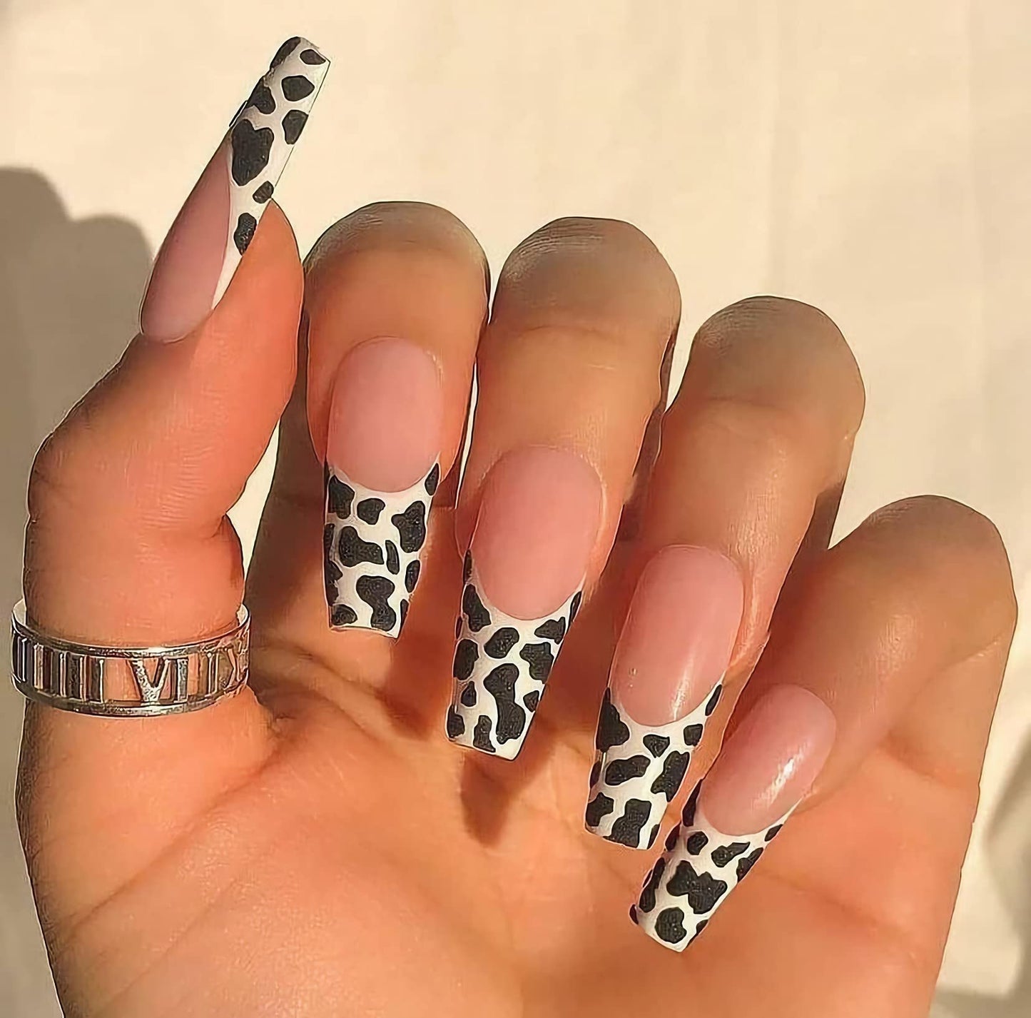 MISUD Press on Nails - Long Coffin Fake Nails with Cow Print, Acrylic French Tip Design 24 pcs Beauty & Personal Care MISUD
