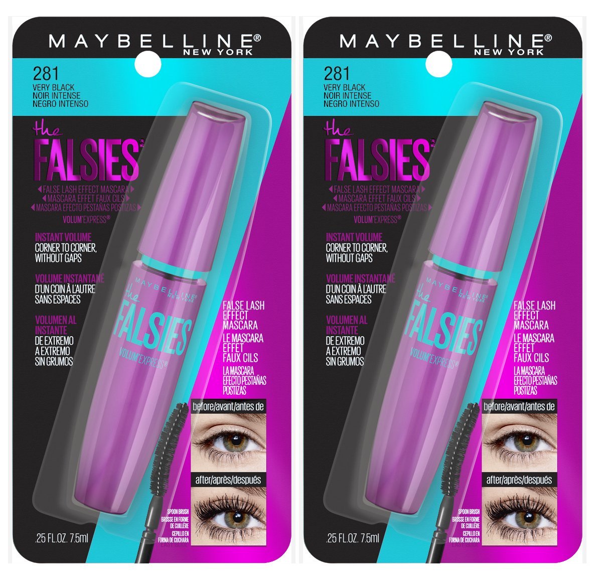 Maybelline Makeup Volum' Express The Falsies Washable Mascara, Very Black, 2 count.
