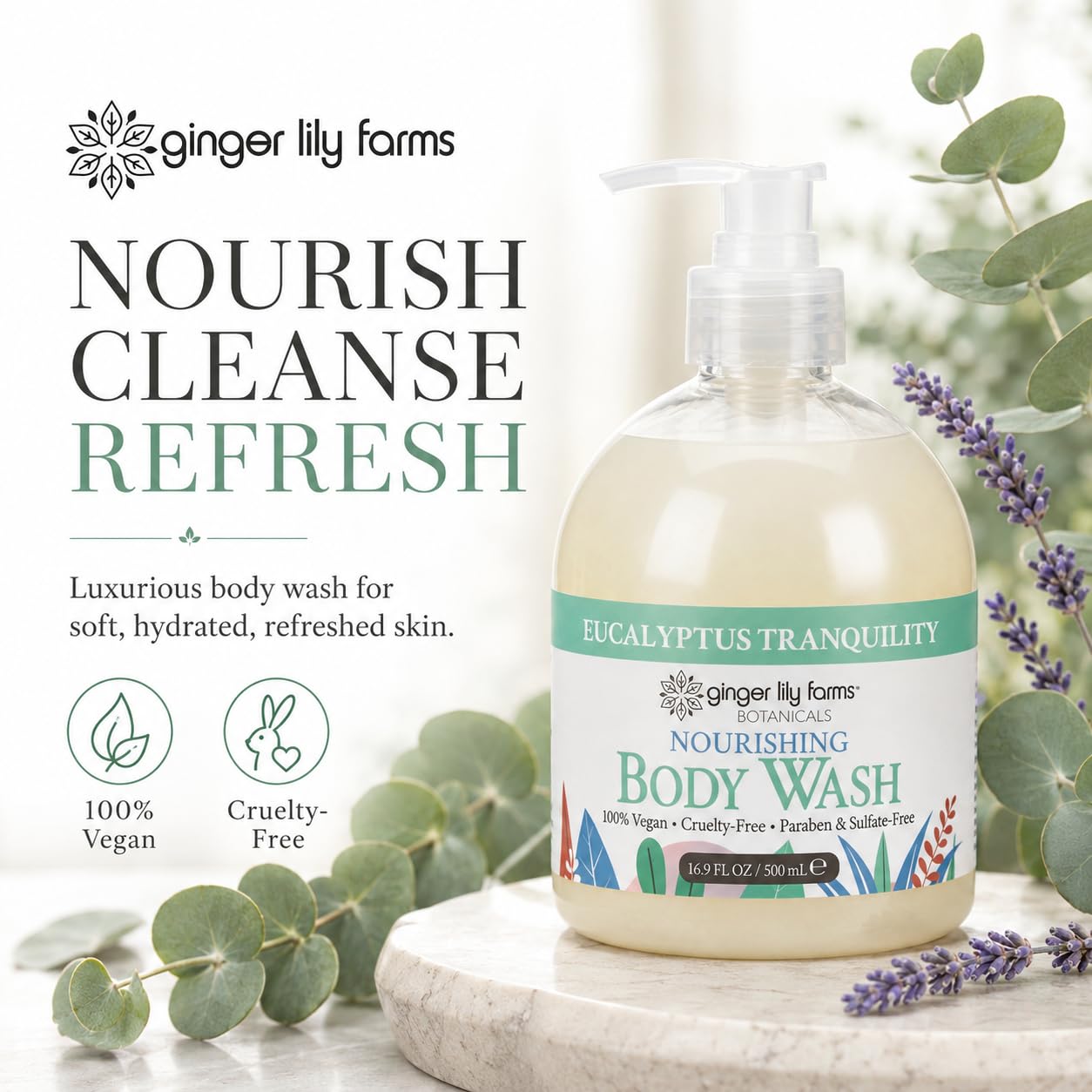 Ginger Lily Farms Botanicals Nourishing Body Wash, 100% Vegan & Cruelty-Free, Eucalyptus Tranquility, 16.9 Fl Oz Beauty & Personal Care Ginger Lily Farms