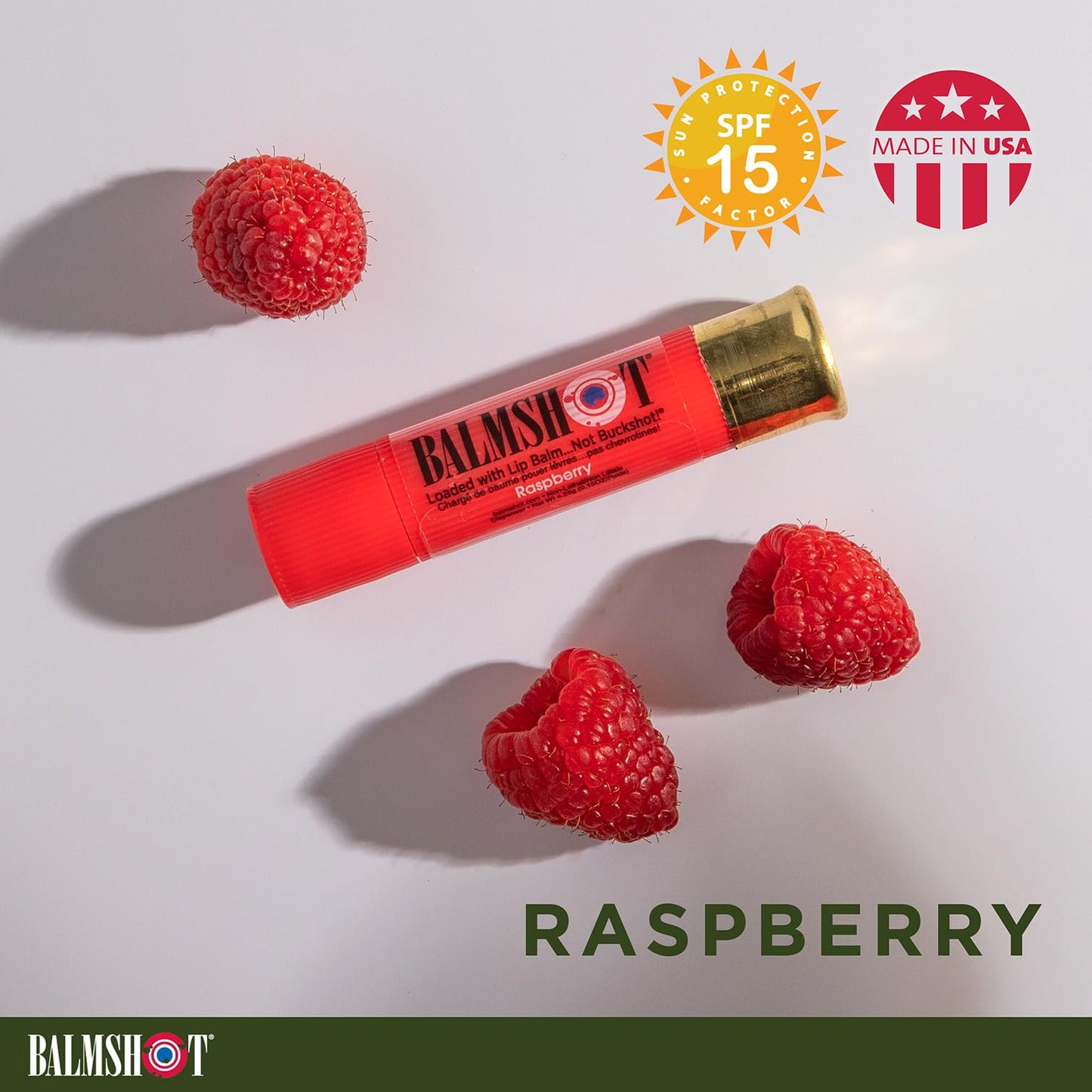 BALMSHOT Raspberry Lip Balm SPF 15 (4-Pack) - Beeswax Chapstick for Dry Chapped Lips, 20-Gauge Brass Shotgun Shell Tube, Heat Resistant, Long Lasting Beauty & Personal Care Balmshot