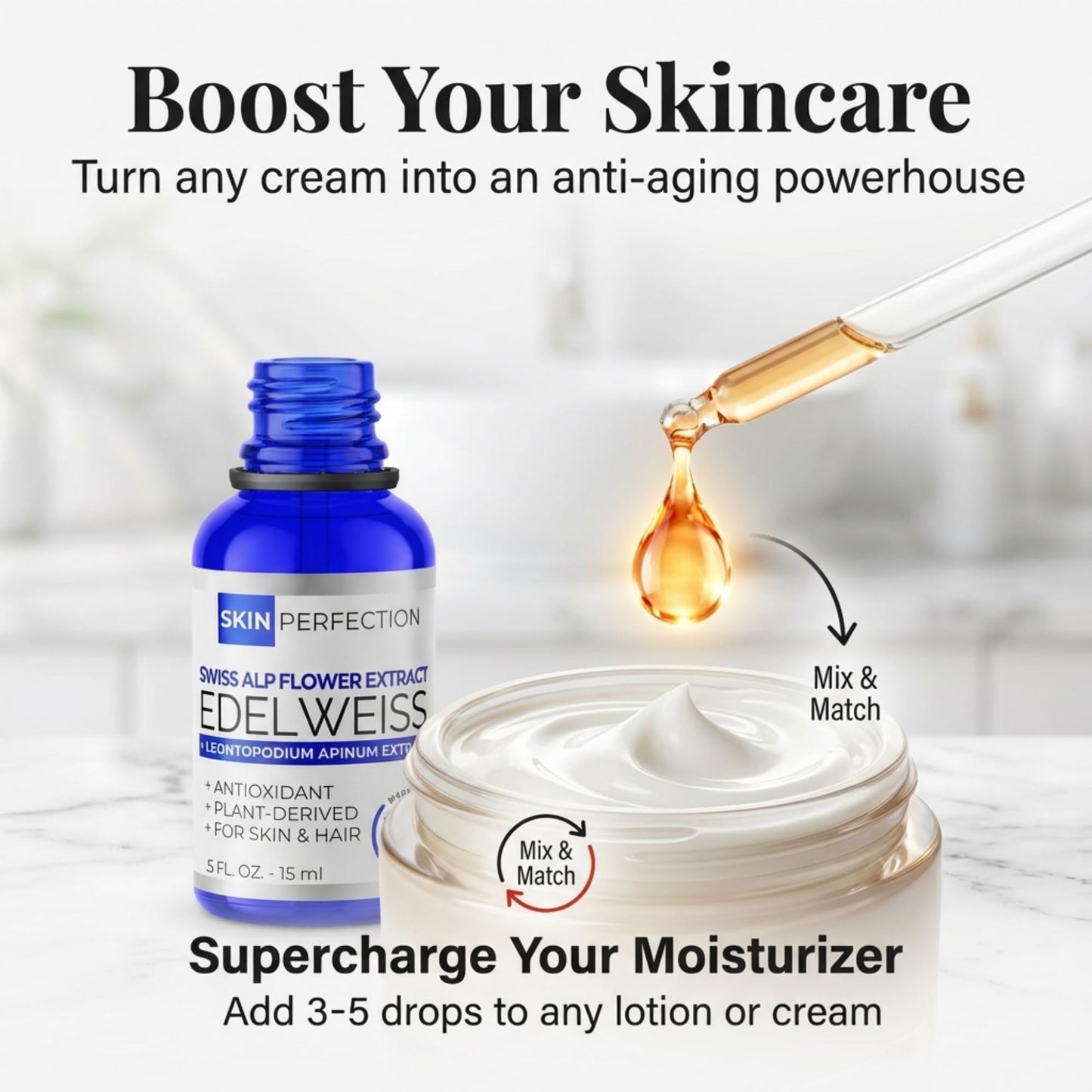 Skin Perfection Edelweiss Natural Derived Plant Antioxidant Extract Potent Anti-Aging Vitamin C Hydration Younger-Looking Skin Easy Add Dropper Make Beauty & Personal Care Skin Perfection