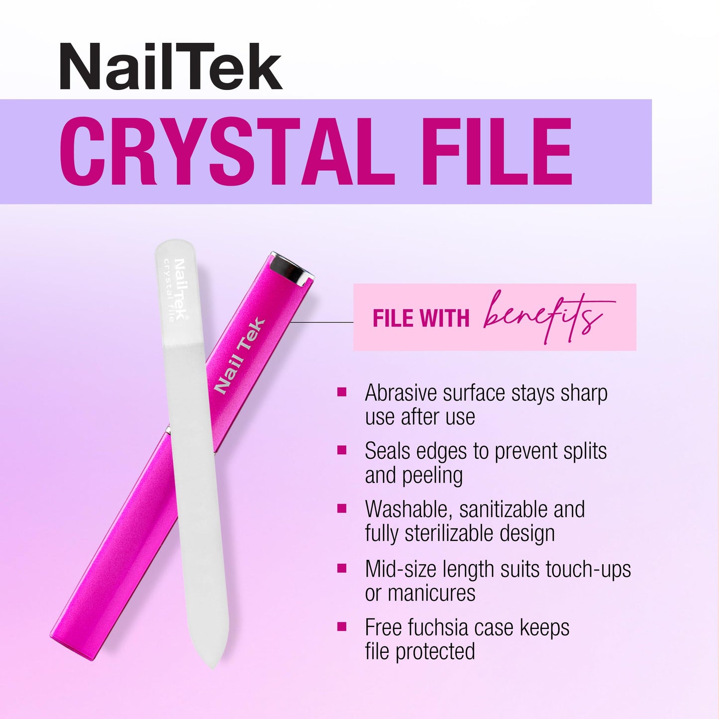 Nail Tek Crystal File - Glass Nail File with Case, Durable and Gentle for Healthy Nails and Cuticles - Travel-Friendly Design, Fuchsia, Medium 5" Beauty & Personal Care Nail Tek