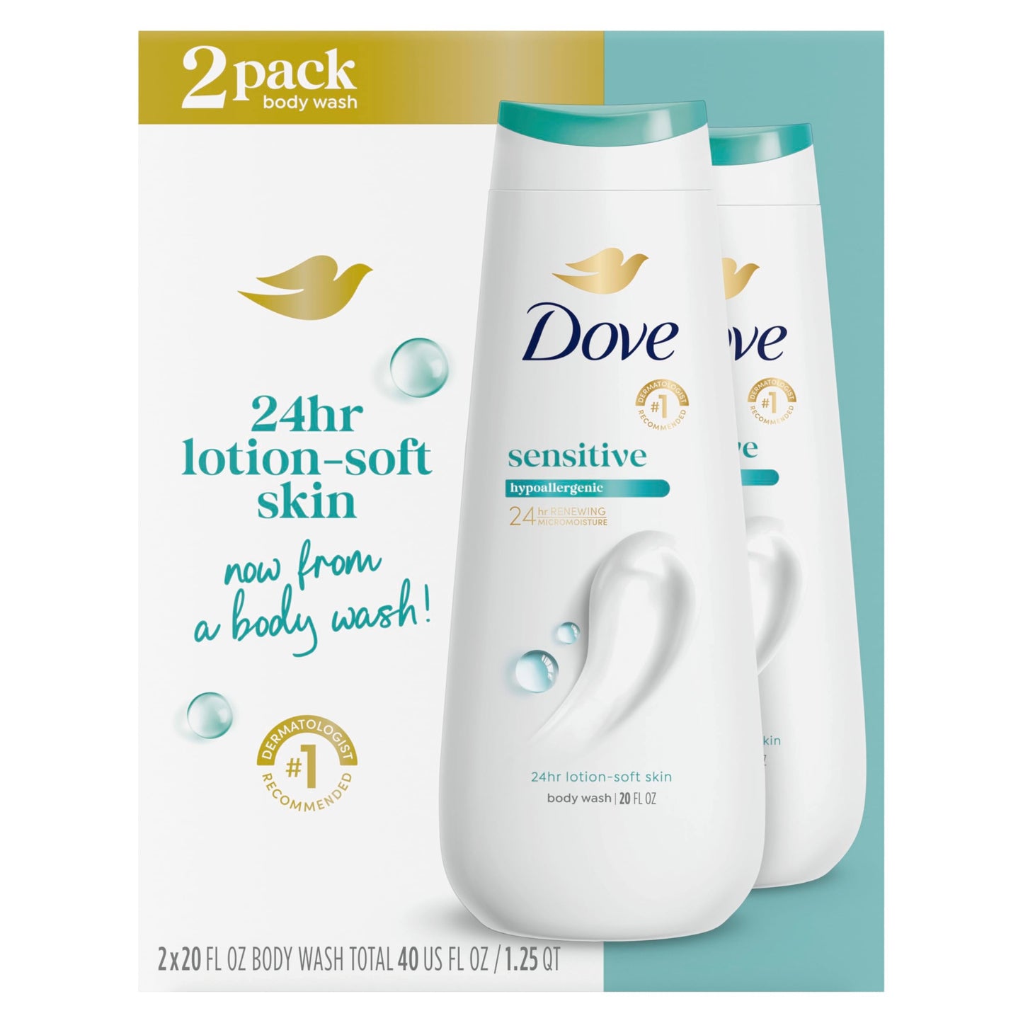 Dove Body Wash 2 Count Sensitive Skin Hypoallergenic and Sulfate Free Body Wash Effectively Washes Away Bacteria While Nourishing Your Skin 20 oz Beauty & Personal Care Dove