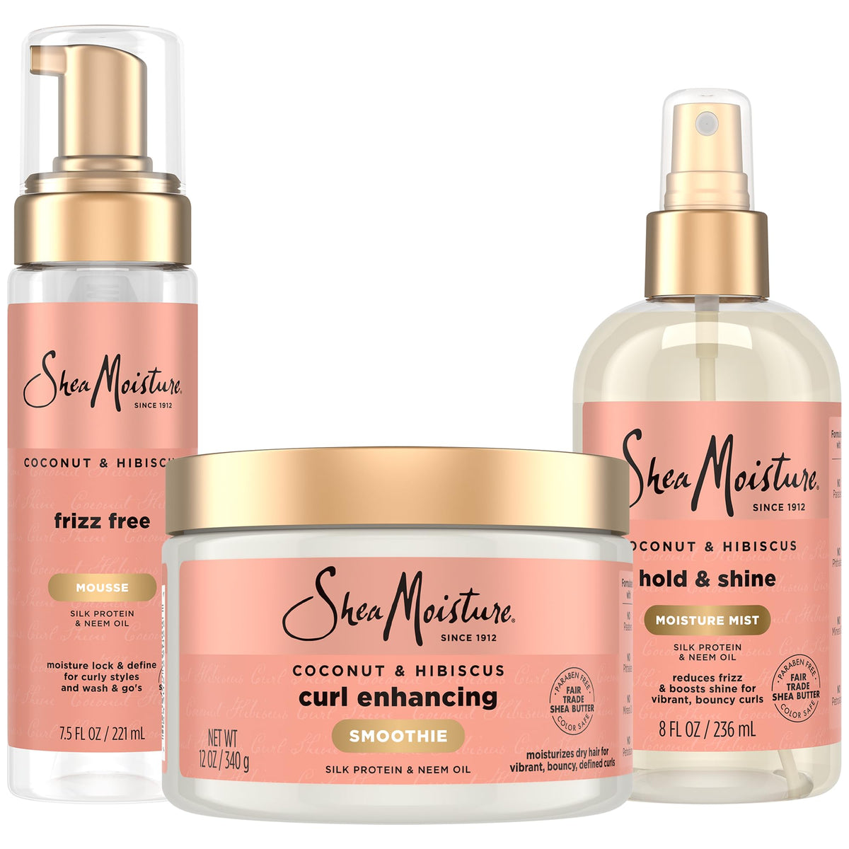 SheaMoisture Curl Care Bundle, Coconut & Hibiscus, Curl Enhancing Smoothie, Hold & Shine Moisture Mist, Frizz Free Mousse for Curly Hair, Wavy Styles Beauty & Personal Care SheaMoisture