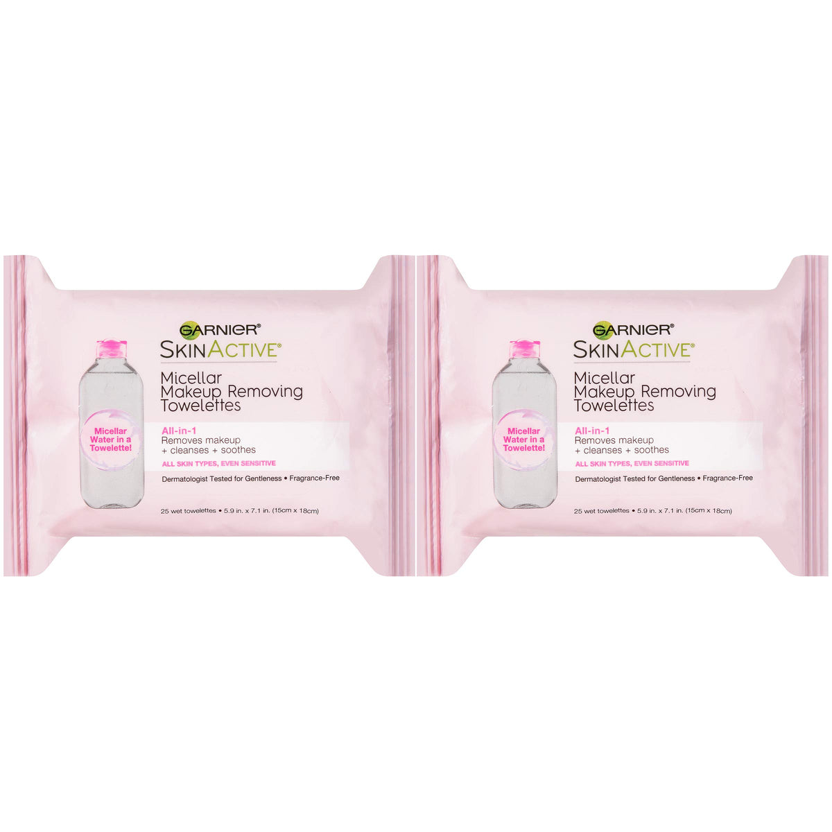 Garnier Micellar Facial Cleanser & Makeup Remover Wipes, Gentle for All Skin Types (25 Wipes), 2 Count (Packaging May Vary)