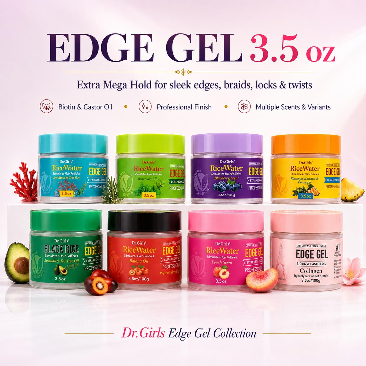 Dr. Girls Rice Water Edge Gel - Extra Mega Hold for Cornrows, Locs & Twists with Biotin, Castor Oil 3.5oz (Peach) Beauty & Personal Care Dr.Girls