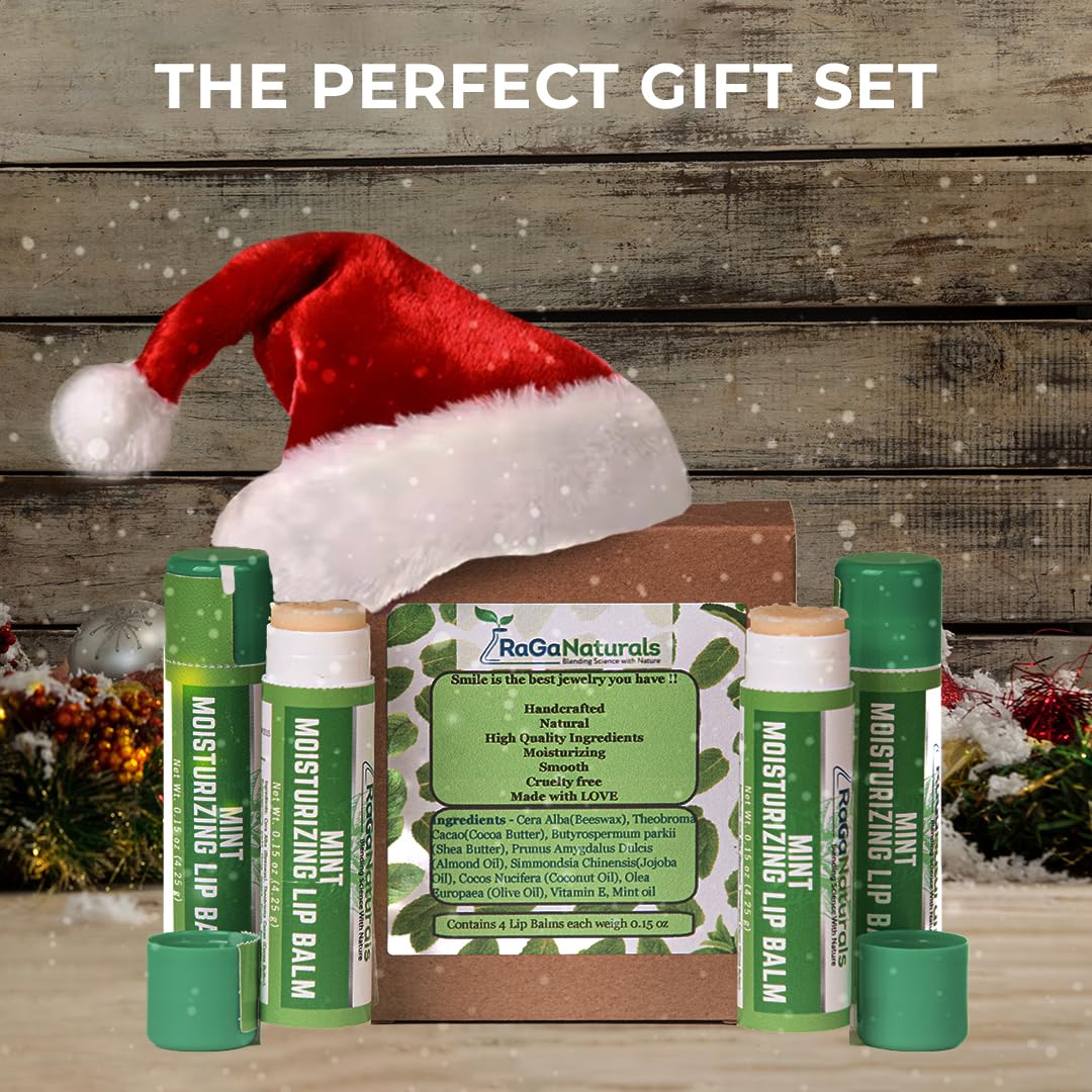RaGaNaturals Natural Mint Lip Balm - Hydrating Lip Moisturizer for Dry & Cracked Lips with Shea Butter, Cocoa Butter, Vitamin E & Beeswax - Refreshing Beauty and Personal Care RaGaNaturals