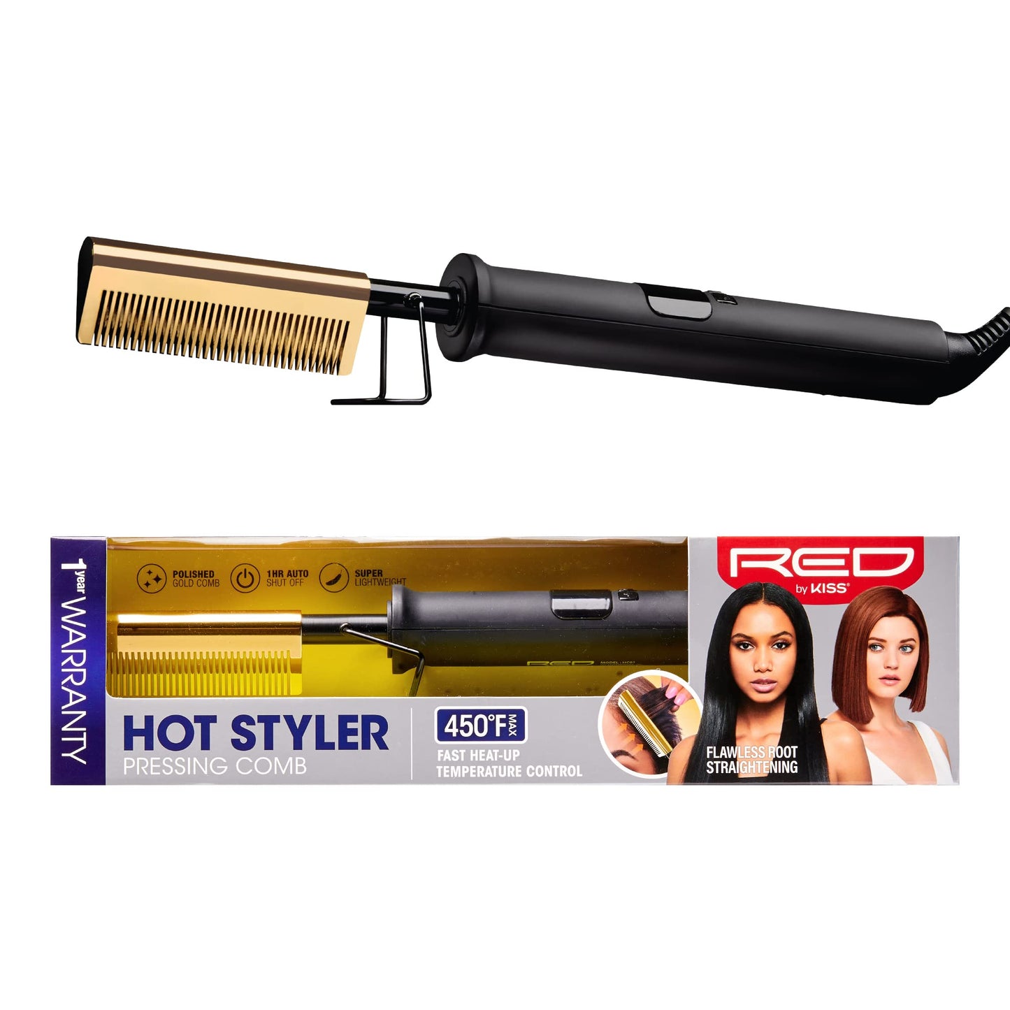 Red by Kiss Hot Comb Hair Straightener 450 Degrees, Straight Teeth Electric Heating Comb, Pressing Comb Brush for Straightening Hair and Beard Beauty & Personal Care Red by Kiss
