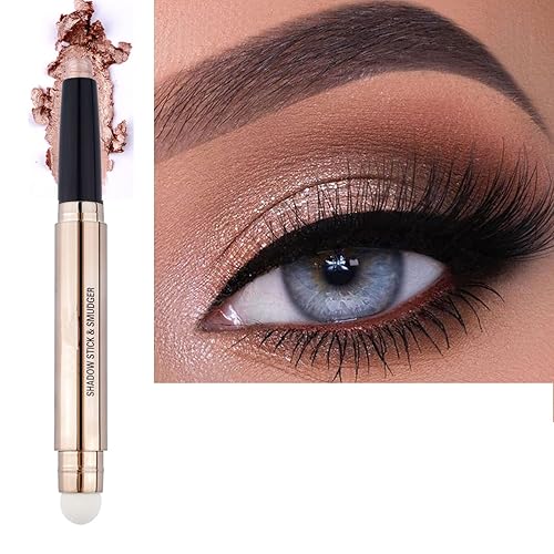 2 in 1 Eyeshadow stick and Sponge Makeup Brush, Brown Smooth Cream Shimmer Shadow Pencil Long Lasting Waterproof Eye Shadow Highlighter Stick Makeup Beauty & Personal Care MiaSarah