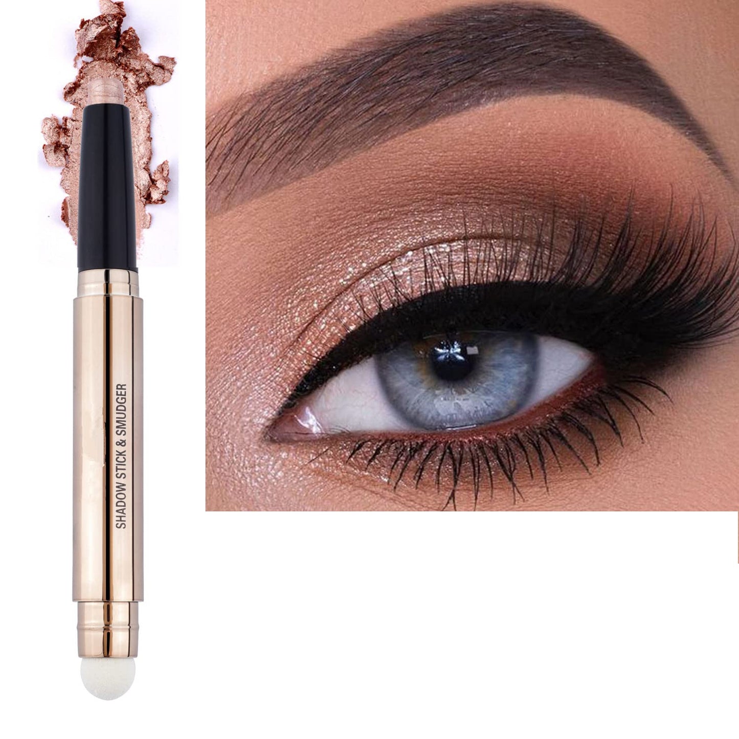 2 in 1 Eyeshadow stick and Sponge Makeup Brush, Brown Smooth Cream Shimmer Shadow Pencil Long Lasting Waterproof Eye Shadow Highlighter Stick Makeup Beauty & Personal Care MiaSarah