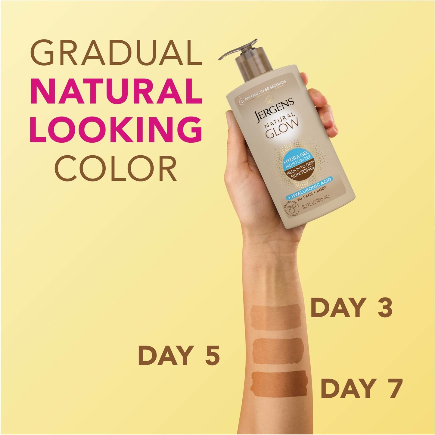 Jergens Natural Glow Hydra Gel Moisturizer, Gradual Tanning Lotion with Hyaluronic Acid, Hydrating Tanning Gel, Fragrance-Free Self Tanner, Medium Beauty and Personal Care Jergens