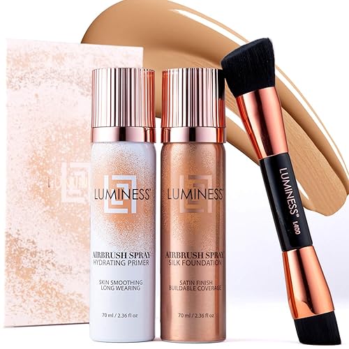 LUMINESS Silk Airbrush Spray Foundation Makeup Starter Kit - Full Coverage Foundation, Primer & Dual-Sided Angled Buffing Brush - Medium Warm Beauty & Personal Care LUMINESS