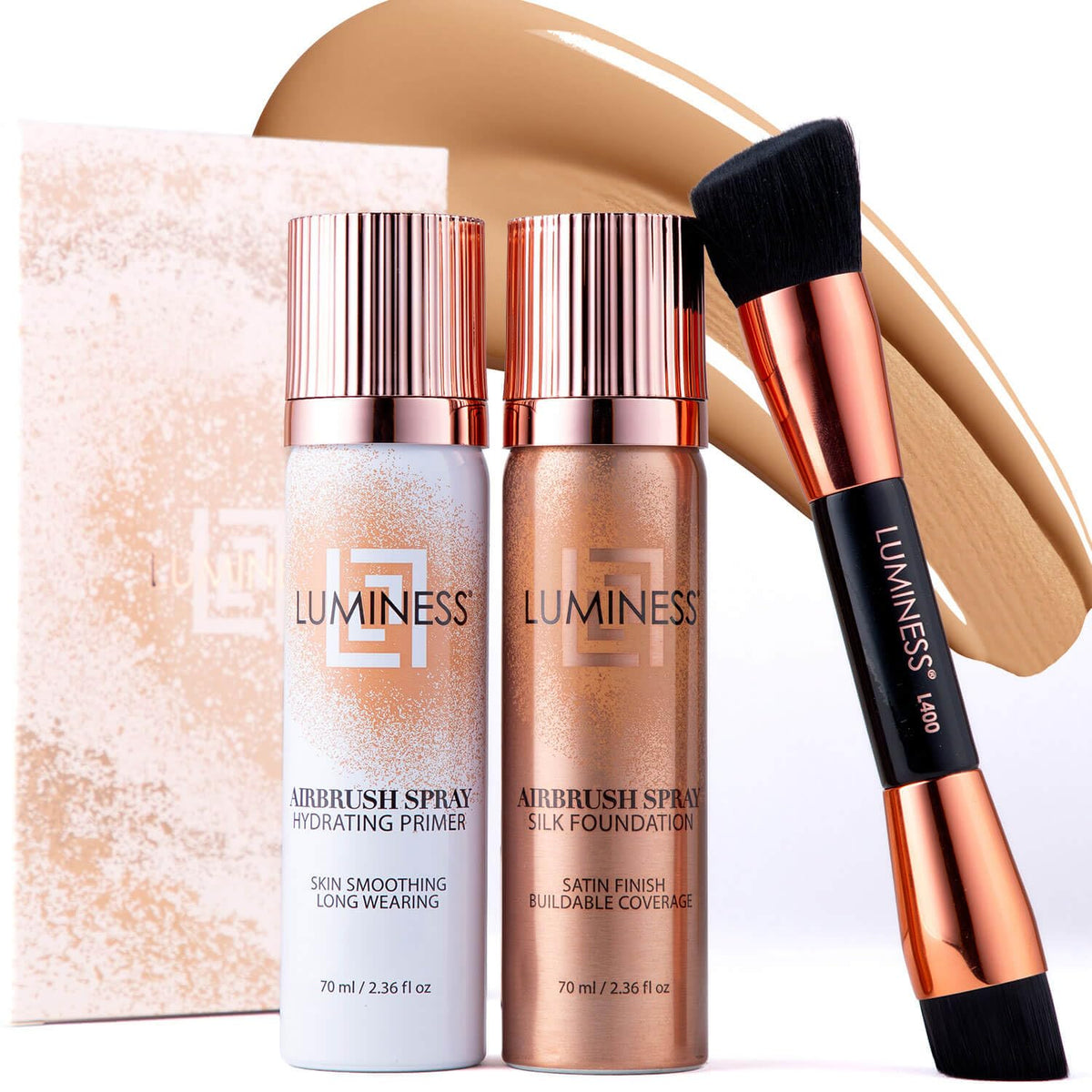 LUMINESS Silk Airbrush Spray Foundation Makeup Starter Kit - Full Coverage Foundation, Primer & Dual-Sided Angled Buffing Brush - Medium Warm Beauty & Personal Care LUMINESS