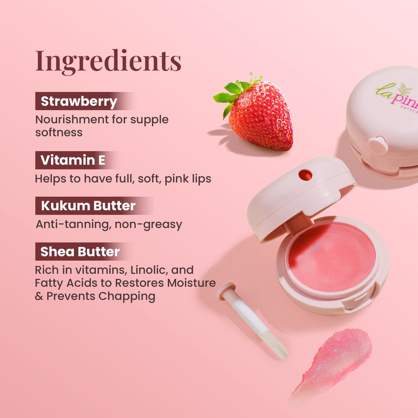 La Pink Strawberry Natural Tinted Lip Balm with Shea & Kokum Butter - Nourished & Soft Lips - 100% Microplastic Free Formulation - 15 gms Beauty and Personal Care La Pink