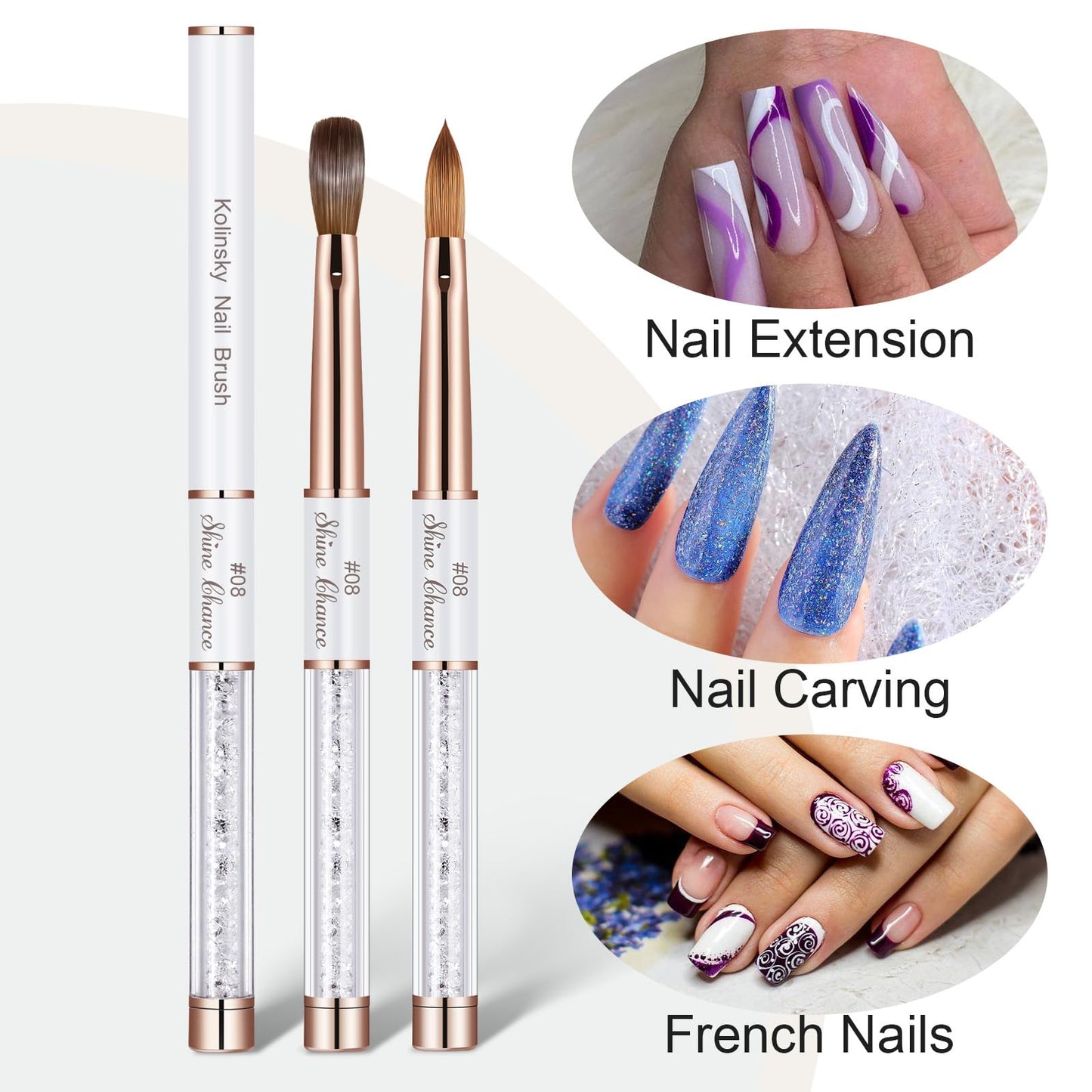Shine Chance Acrylic Nail Brush Size 8, 100% Real Kolinsky Art Nail Brush for Acrylic Powder Application, Handmade Women Manicure Nail Extension Tool Beauty & Personal Care Shine Chance